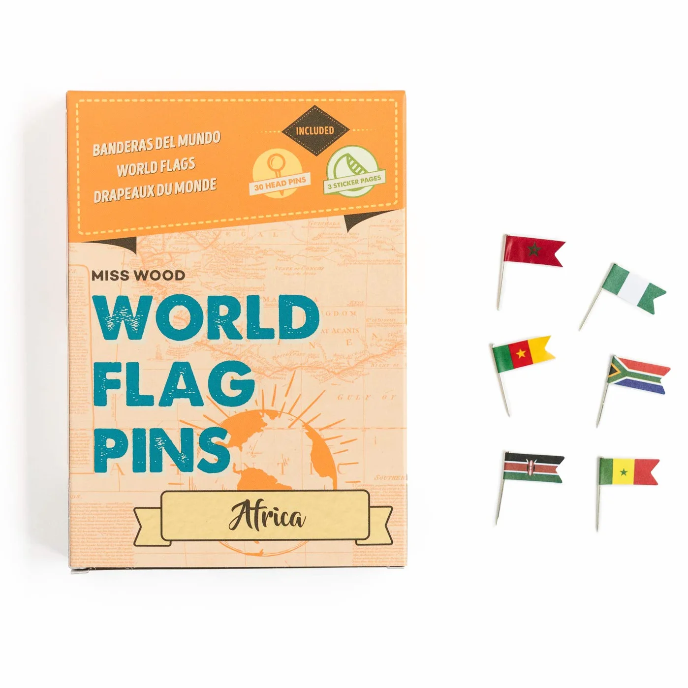 Miss Wood Africa Banderas del Mundo con Botones, Adhesivo, Naranja, 15.6 x 11 x 2 cm