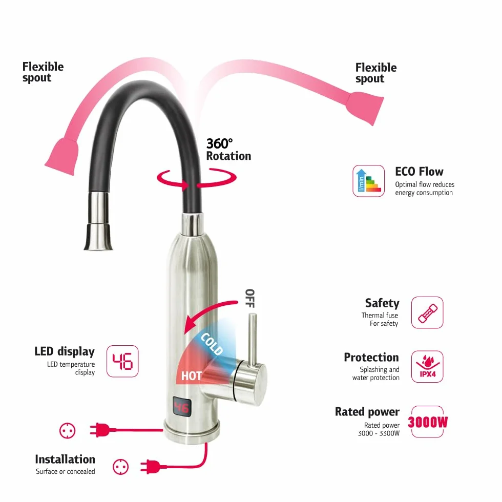 HOGART Grifo Eléctrico Con Calentador de Agua 230V - Para Cocina, Jardín, Baño, Caravana, Camping - Calentador Inteligente Instantáneo