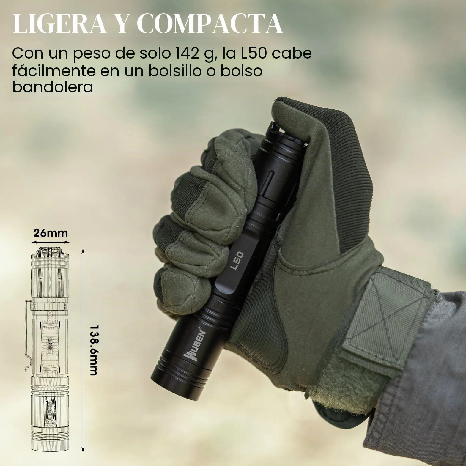 WUBEN L50 Linterna 1200 Lumens USB Recargable Linterna LED Alta Potencia,IP68 Impermeable linterna táctica policía con Función de Memoria,5 Modos para Camping Montañismo Senderismo Emergencia