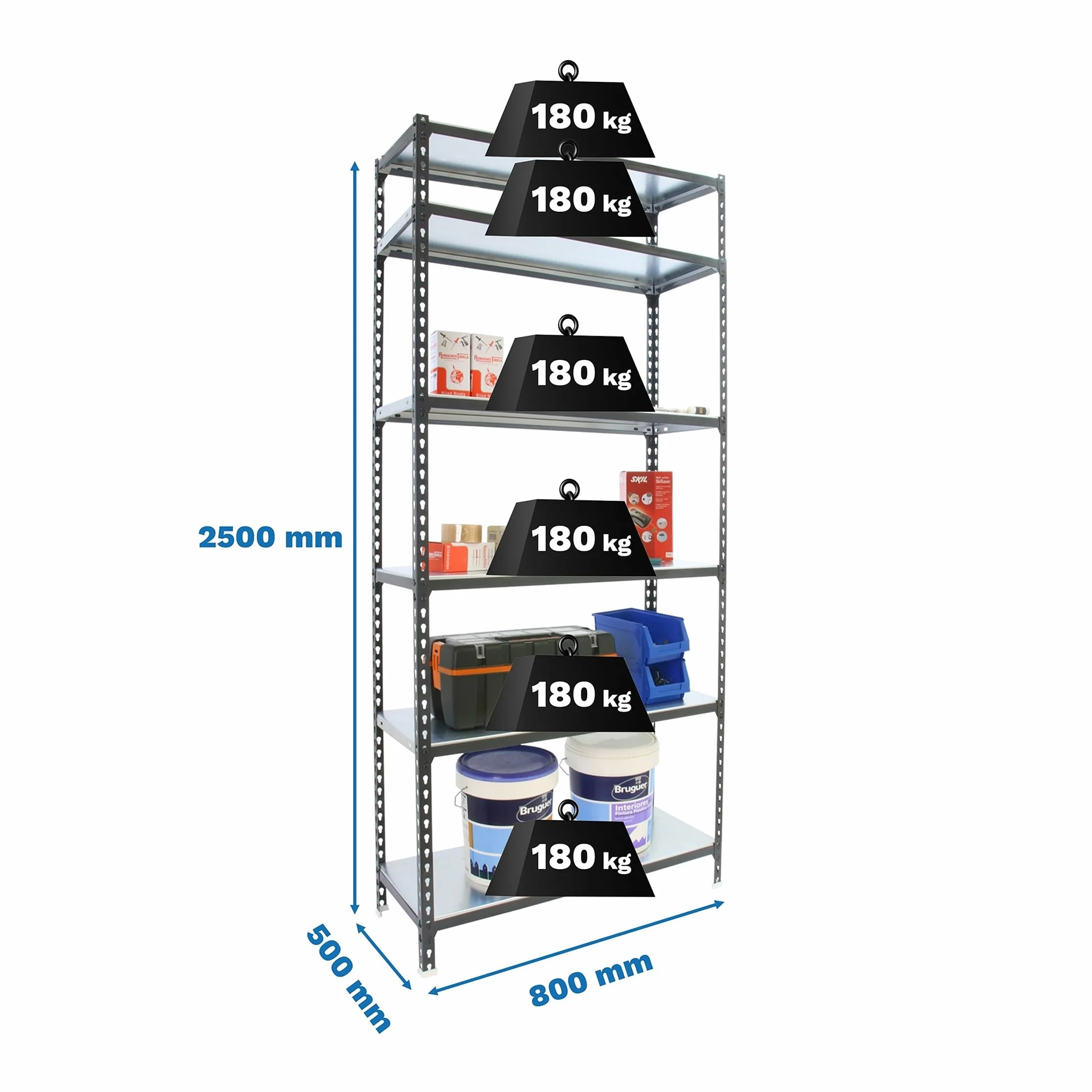 Simon Rack Estanterias Metalicas, 2500x800x500 mm, 6 Baldas de Metal, 180 kg de Punto Flexión, Estanterias Almacenaje, Antracita/Galva - Simonclick