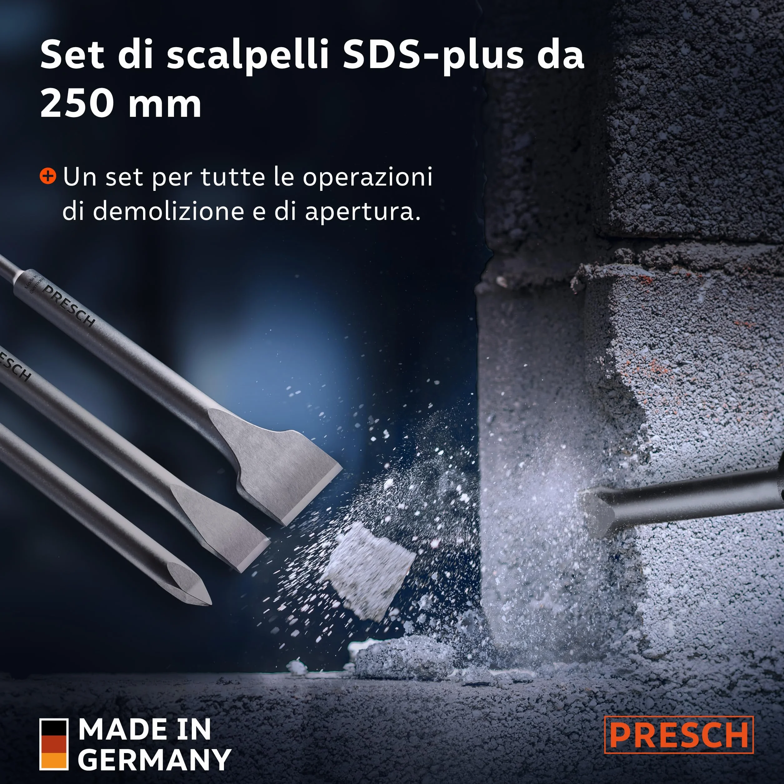 PRESCH SDS plus Juego de Cinceles de 3 pzs. - Juego compuesto por cincel plano, ancho y puntiagudo - Puntas extremadamente robustas y duraderas - (longitud 250 mm) para golpes potentes
