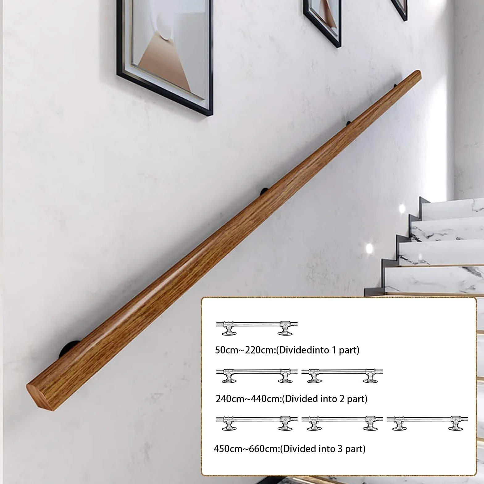 Pasamanos De Madera Redondo, Barandilla De Escalera Interiores, Antideslizante Barra De Soporte para Pasillo con Kit Completo, De 50-400 cm, Con 2 Soportes Para Ancianos (madera, 180cm)