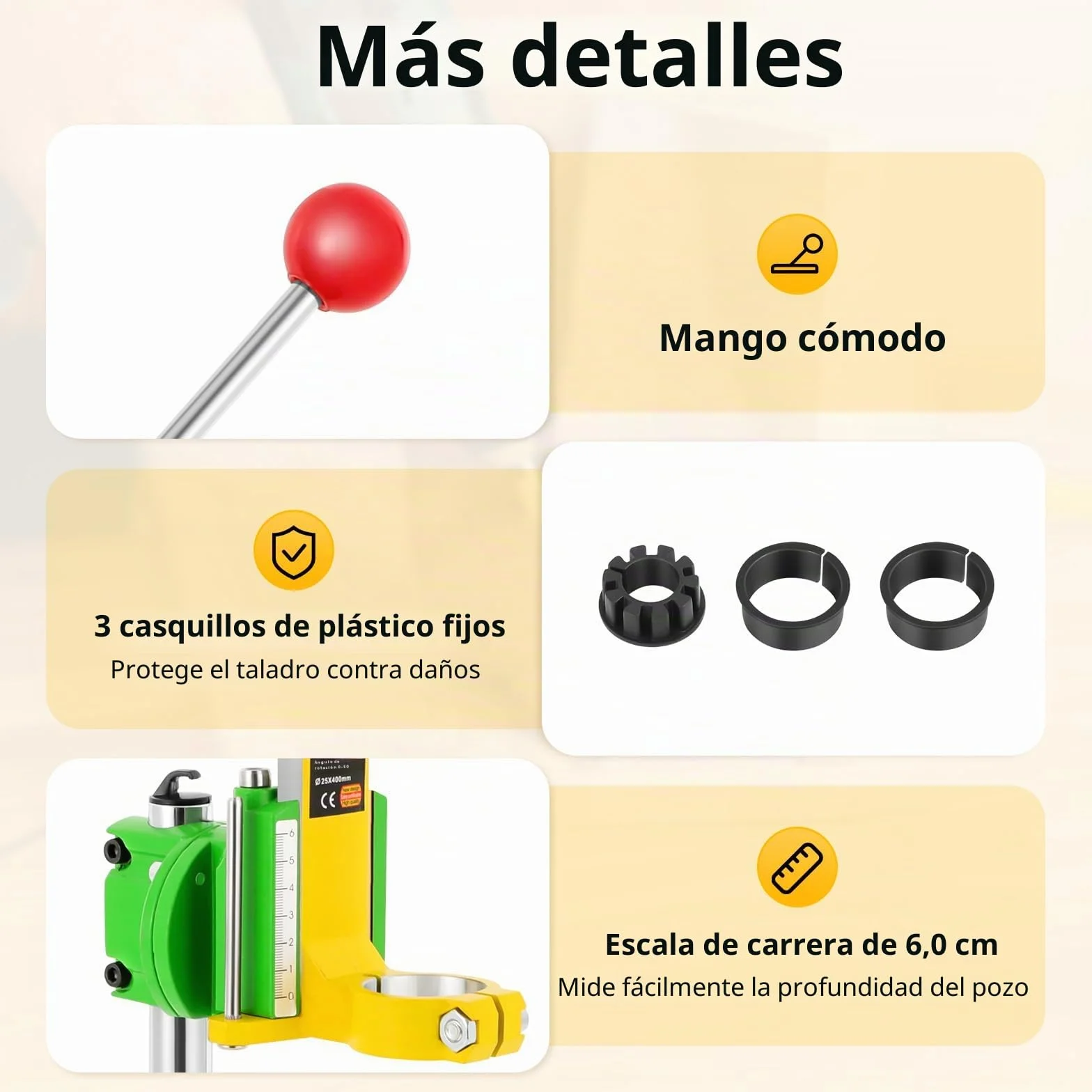 Soporte de perforación giratorio de 90° para taladradora - Banco de trabajo multifuncional con diámetro de collar de 38-43 mm | Incluye 3 cabezas de plástico (diámetro interior: 38-42 mm, 40 mm, 27 mm