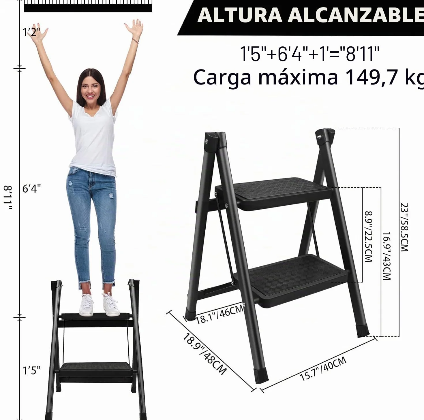 2 Peldaños Taburete Escalera Plegable, Taburete o Soporte de Exhibición Portátil, Ligero Escalones Antideslizante multifuncional para Hogar, Cocina, Oficina (Escalera de 2 peldaños)