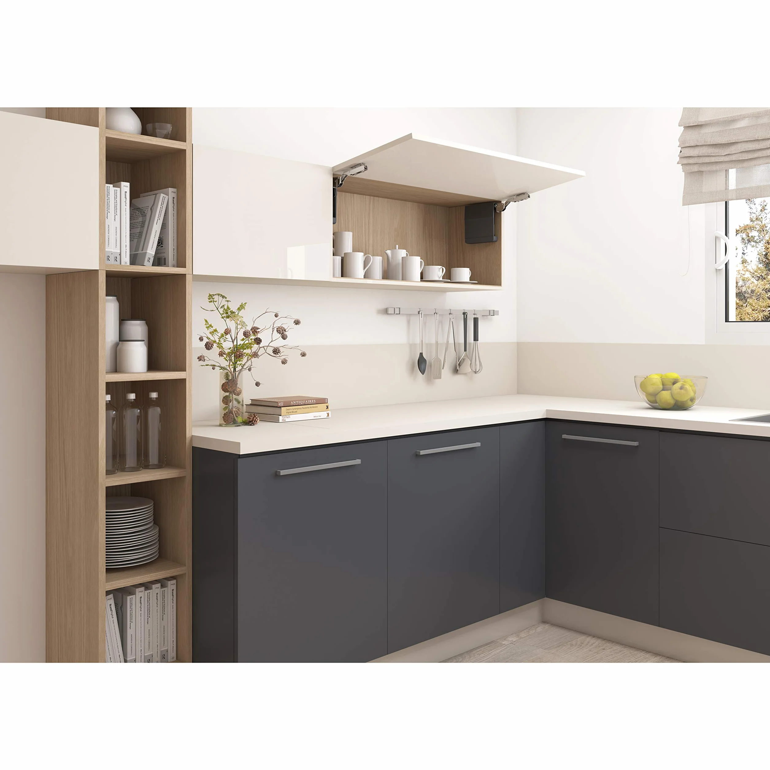 Emuca - Compás para puertas elevables, Amortiguador con fuerza 960-2.350, Acero y plástico, Blanco