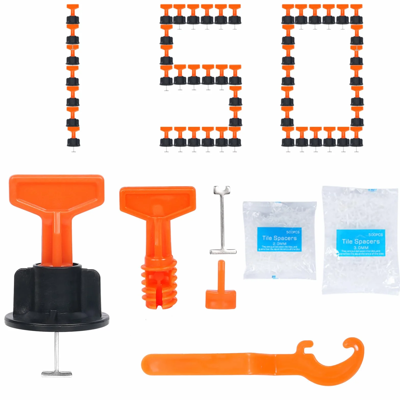 Sistema profesional de nivelación de azulejos–150 discos niveladores, 500 discos de 2 mm y 500 de 3 mm, 3 llaves especiales y 20 pasadores de acero para la instalación de suelos y paredes (rojo)