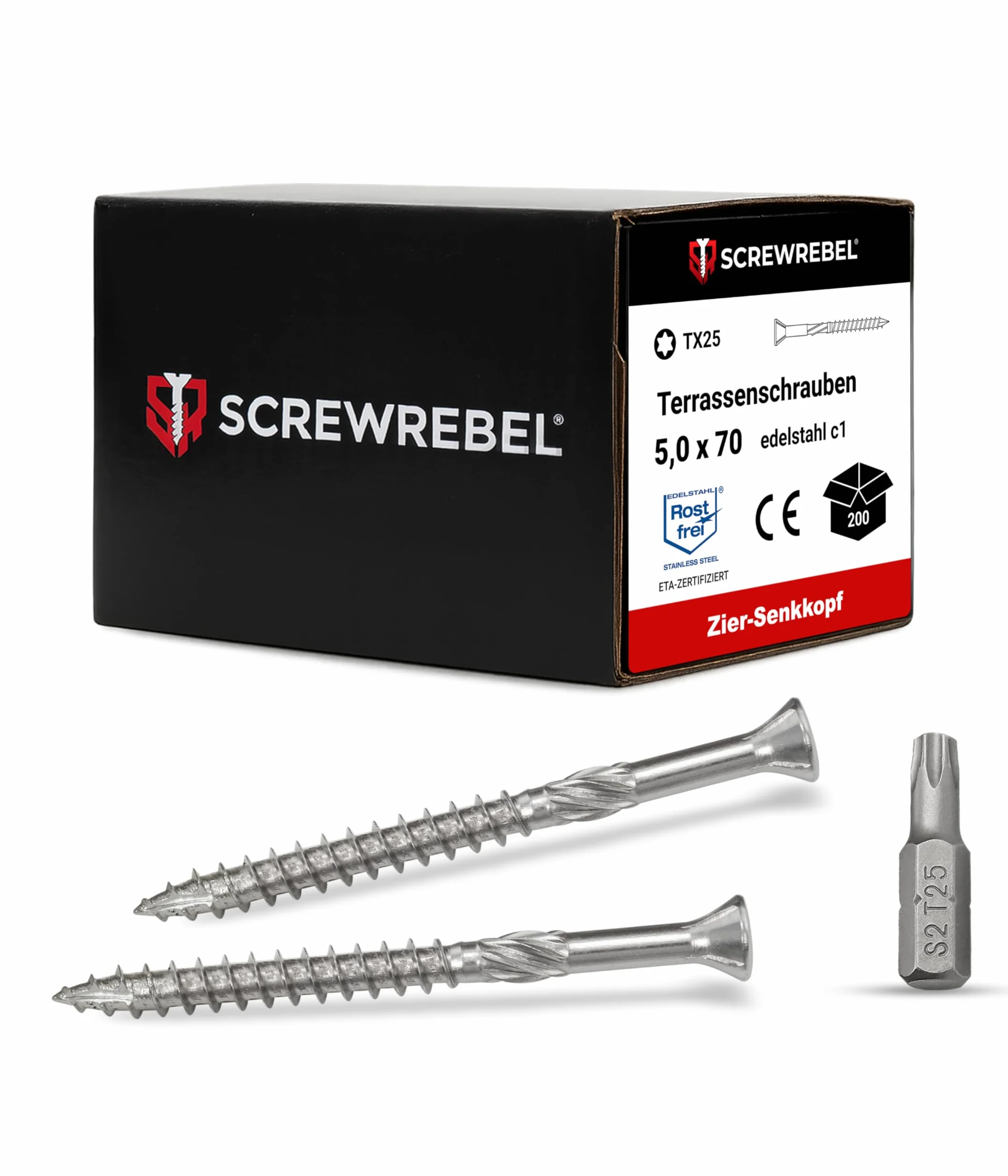 SCREW REBEL Tornillo de terraza ST-FIX de acero inoxidable C1, 5,0 x 70 mm, 200 unidades, incluye puntas S2, TX 25, cabeza avellanada, fresa, diente de sierra, punta de corte, tornillo encerado