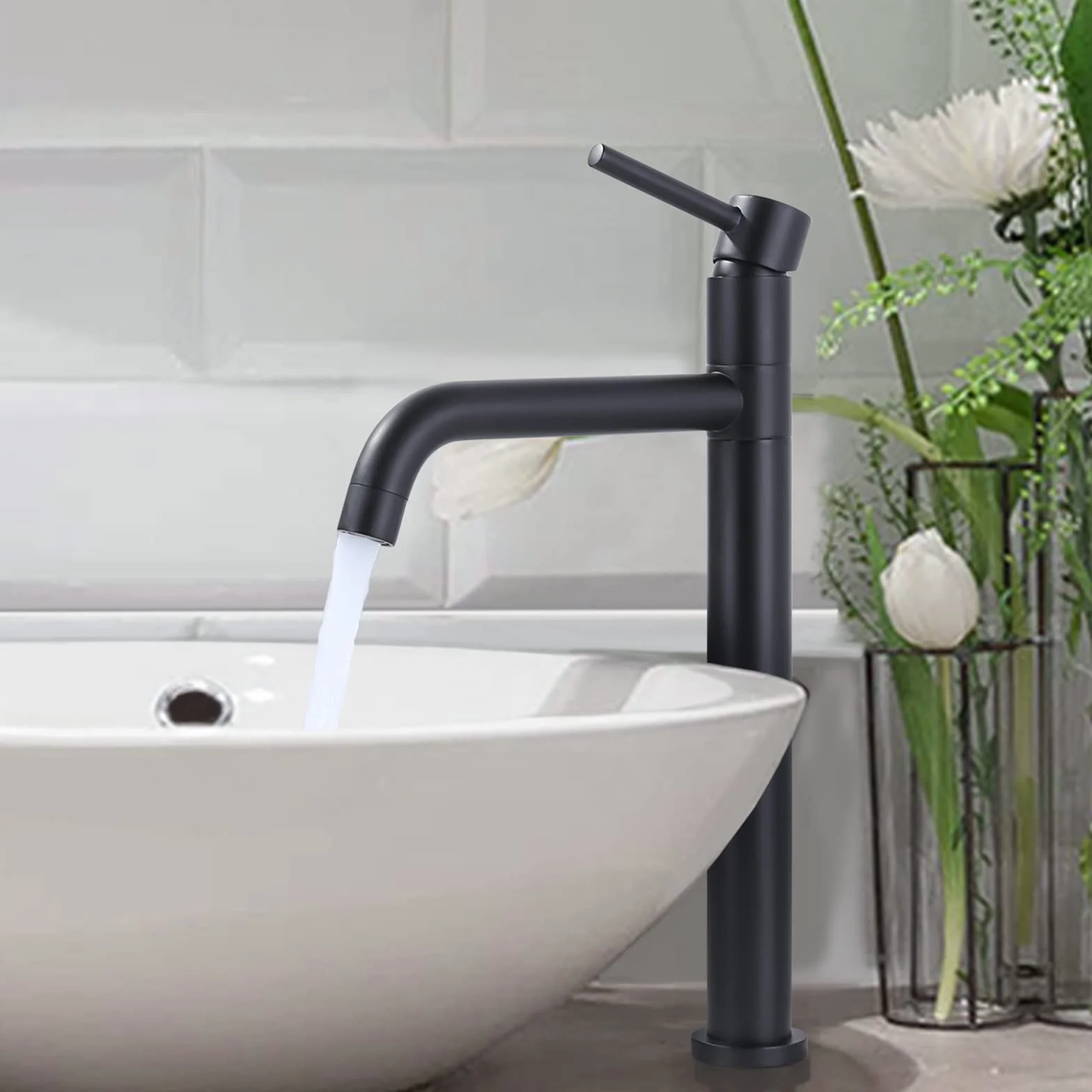 ARCORA Grifo de Lavabo Elevado, Grifo de Baño, con Aireador Extraíble y Cartucho Cerámico, Giro de 360°, Salida de Agua Fría y Caliente Regulable, para Lavabos Elevados de Baño, Negro