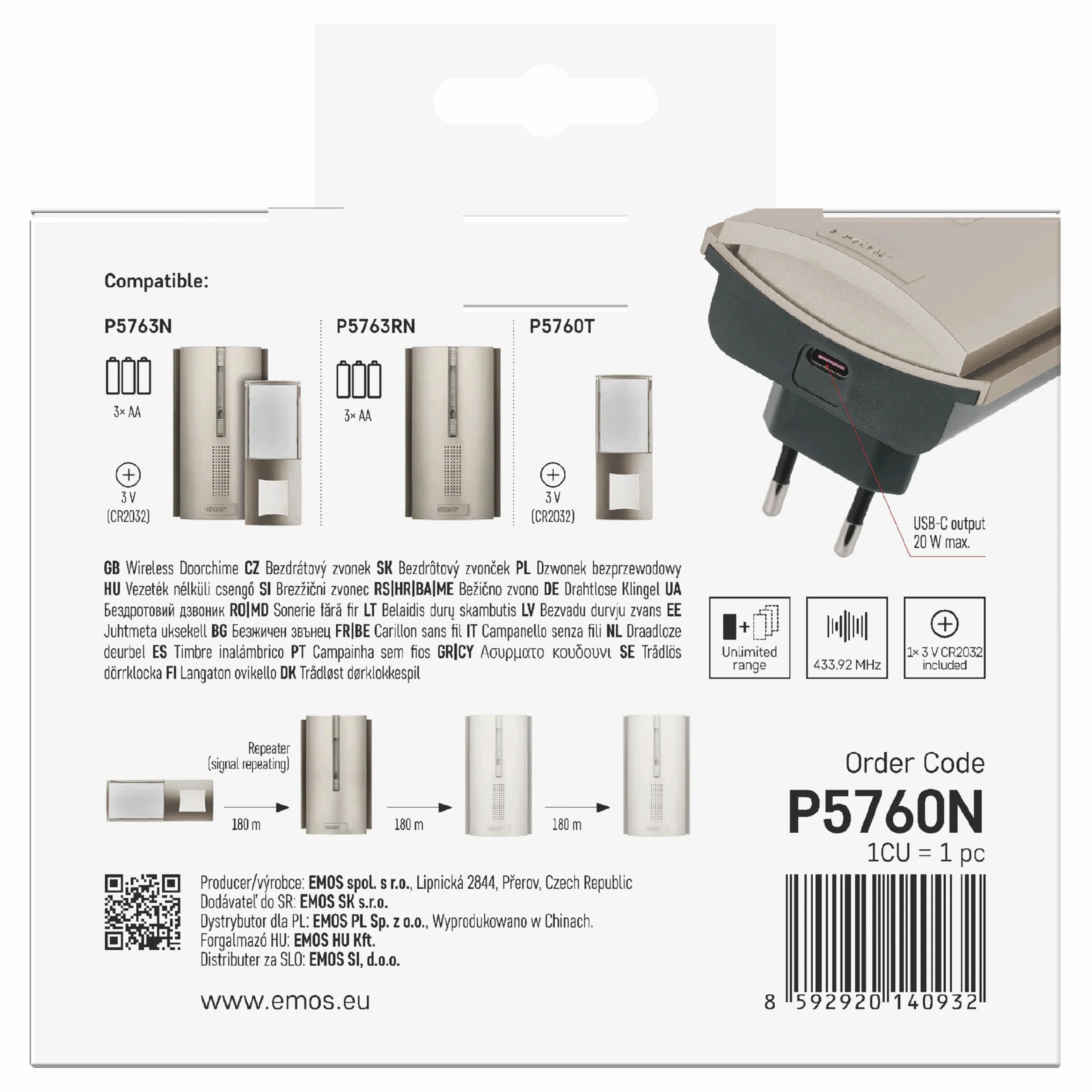 EMOS Juego de Timbre inalámbrico con función de repetidor y Puerto USB-C, Alcance Ilimitado, Volumen de 5 Niveles hasta 85 dB, indicador LED, 16 melodías, función de Memoria, 230 V
