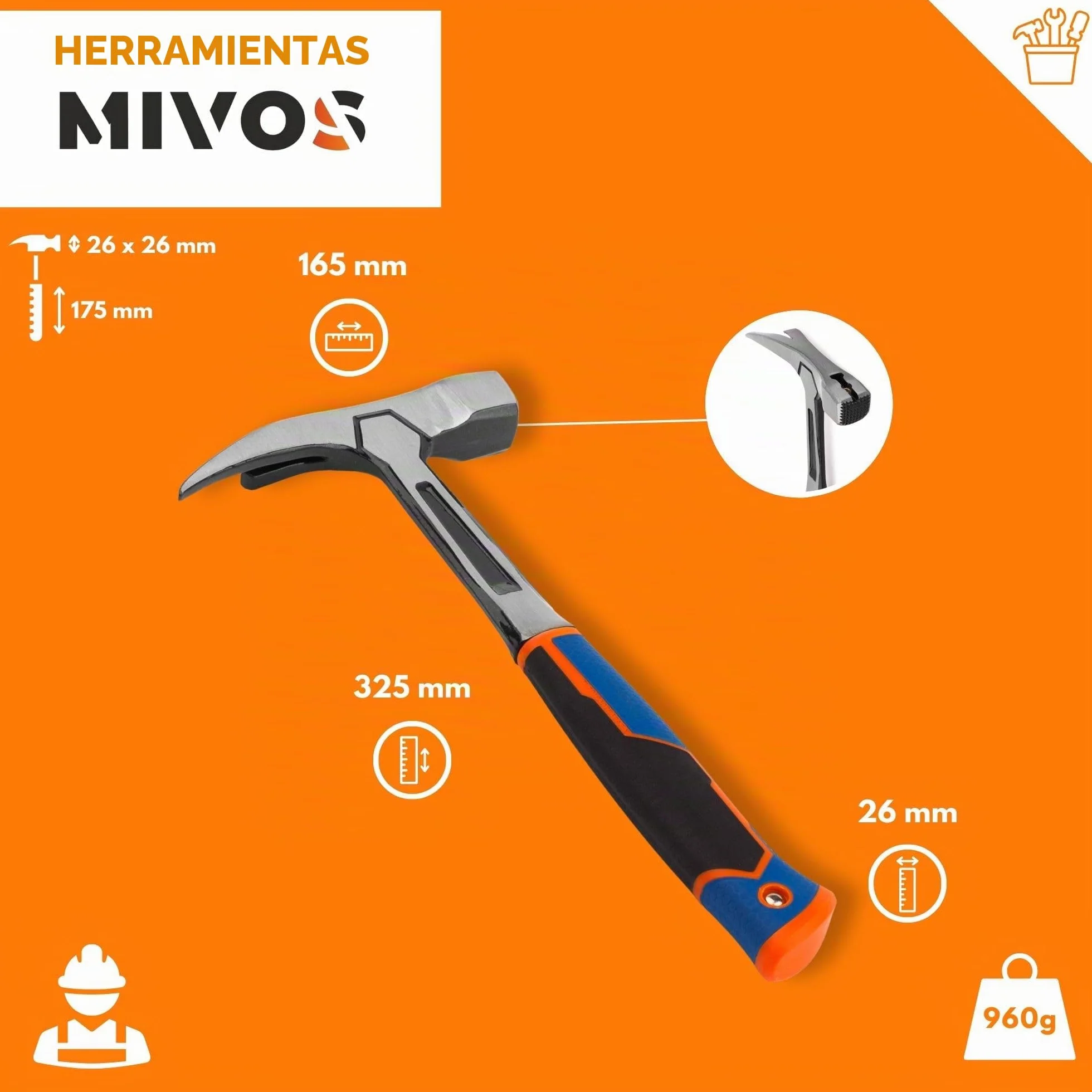 Mivos Martillo de carpintero de 600 g de peso de la cabeza – acero forjado – Martillo de garra con mango antivibración – Martillo de carpintero con soporte magnético para clavos – martillo de acero