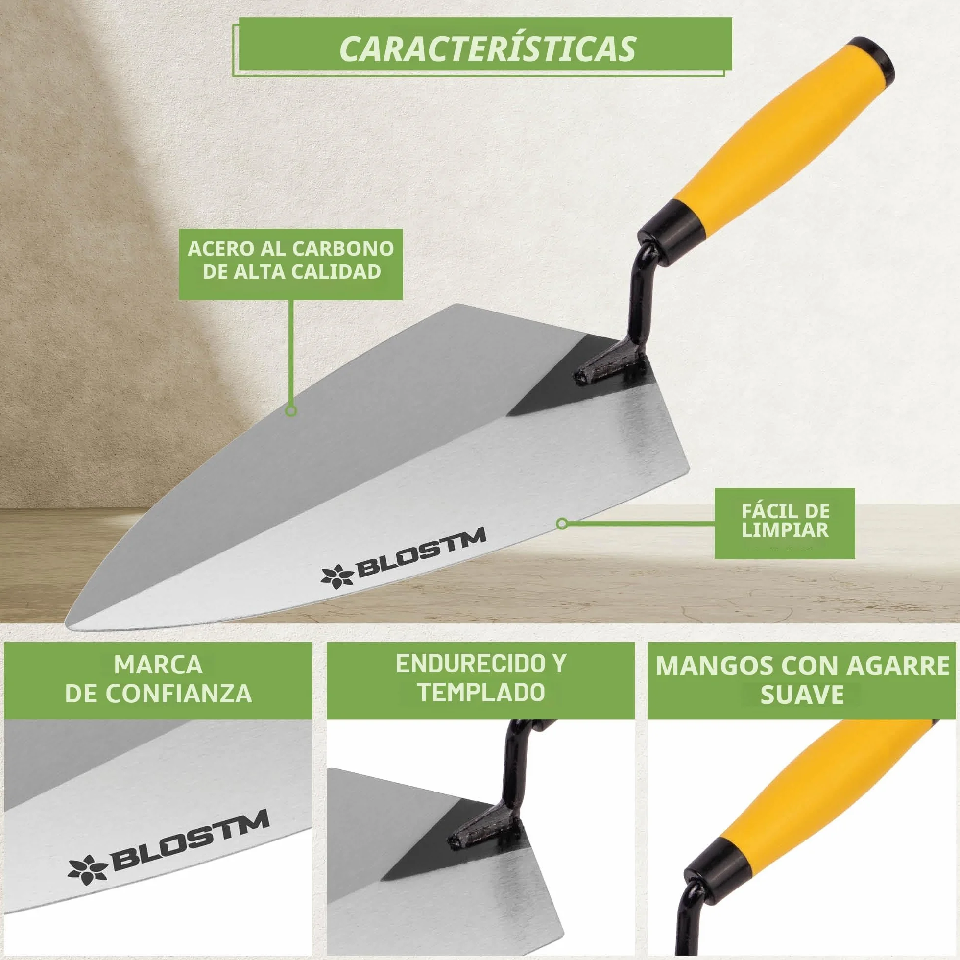 BLOSTM Juego de 5 Paleta Albañil - Pastera Albañil, Paleta de Señalar, de Medición, de Ladrillo, de Yeso - Acero al Carbono Duradero - Asas de Agarre Suave (5 Piezas)