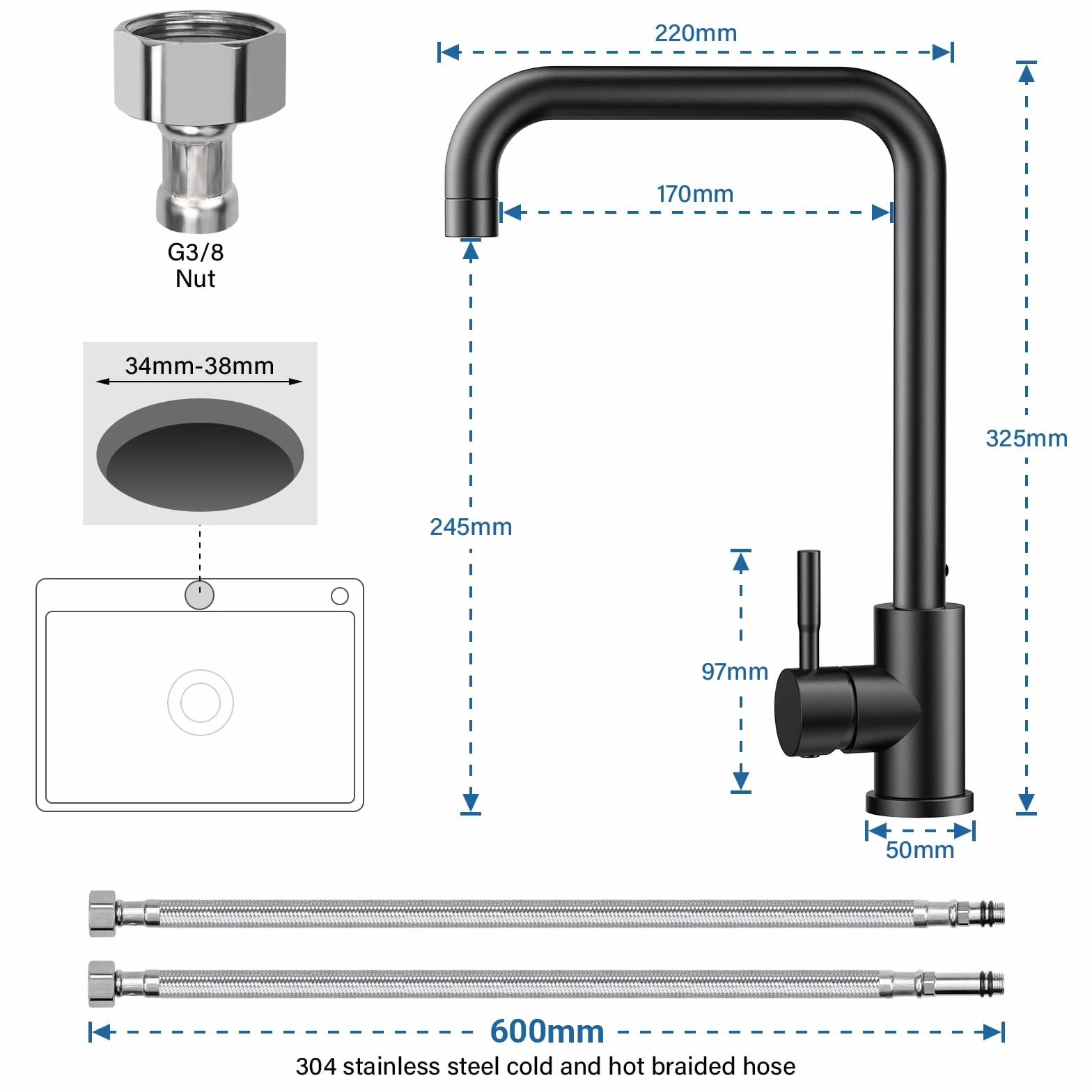 Grifo Cocina, Grifos Cocina Fregadero Giratorio 360°, Grifo de Cocina Agua Caliente y Fría de Acero Inoxidable 304,Cozinha L Monomando-Grifería Monomando con conectores 3/8-Schwarz
