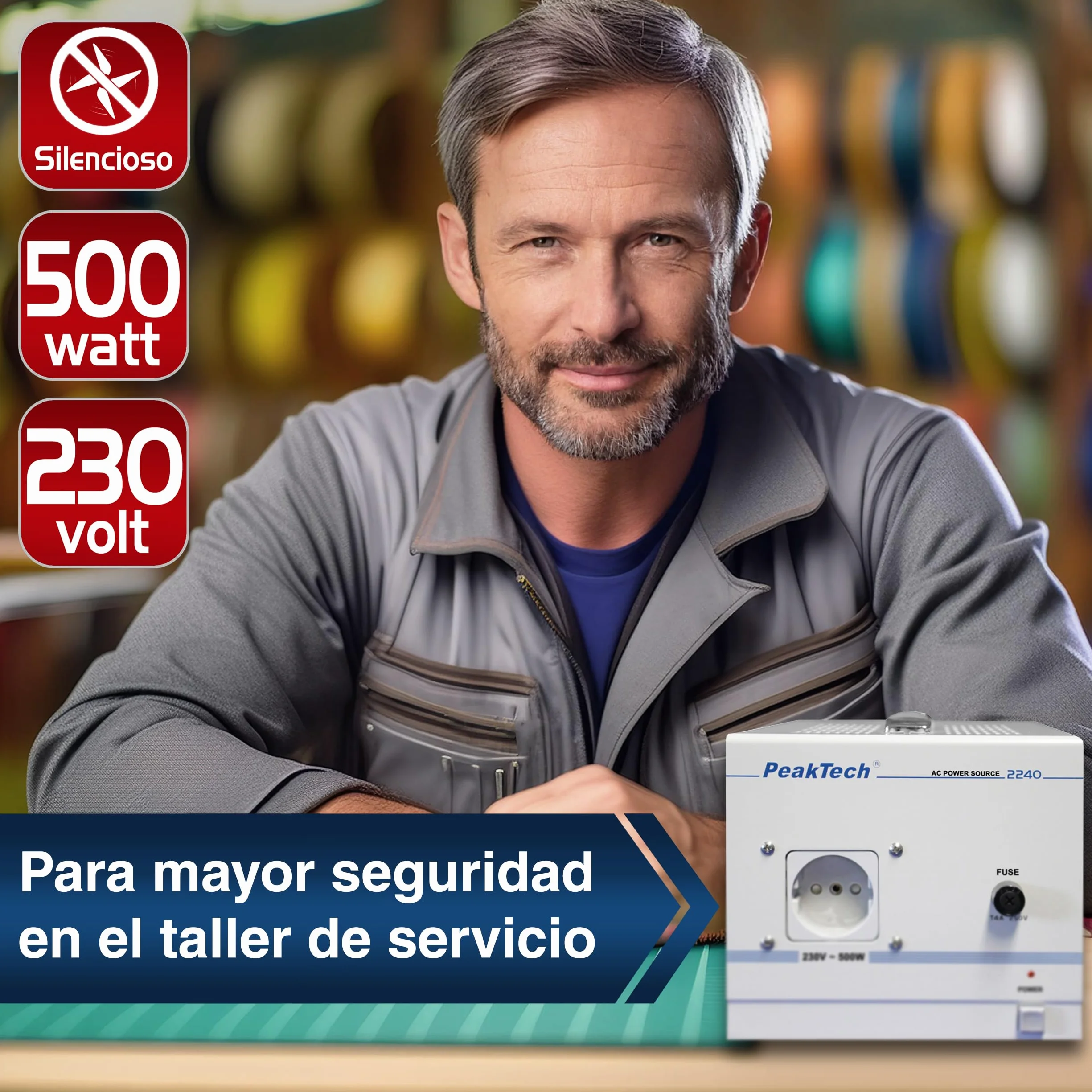 PeakTech 2240 - Transformador de Aislamiento, Dispositivo de Medición, Toroidal, Galvánico, Clase de Protección 1, Uso Móvil, Voltaje de Entrada 230 V, Potencia de Salida 500 W - 160 x 125 x 235 mm