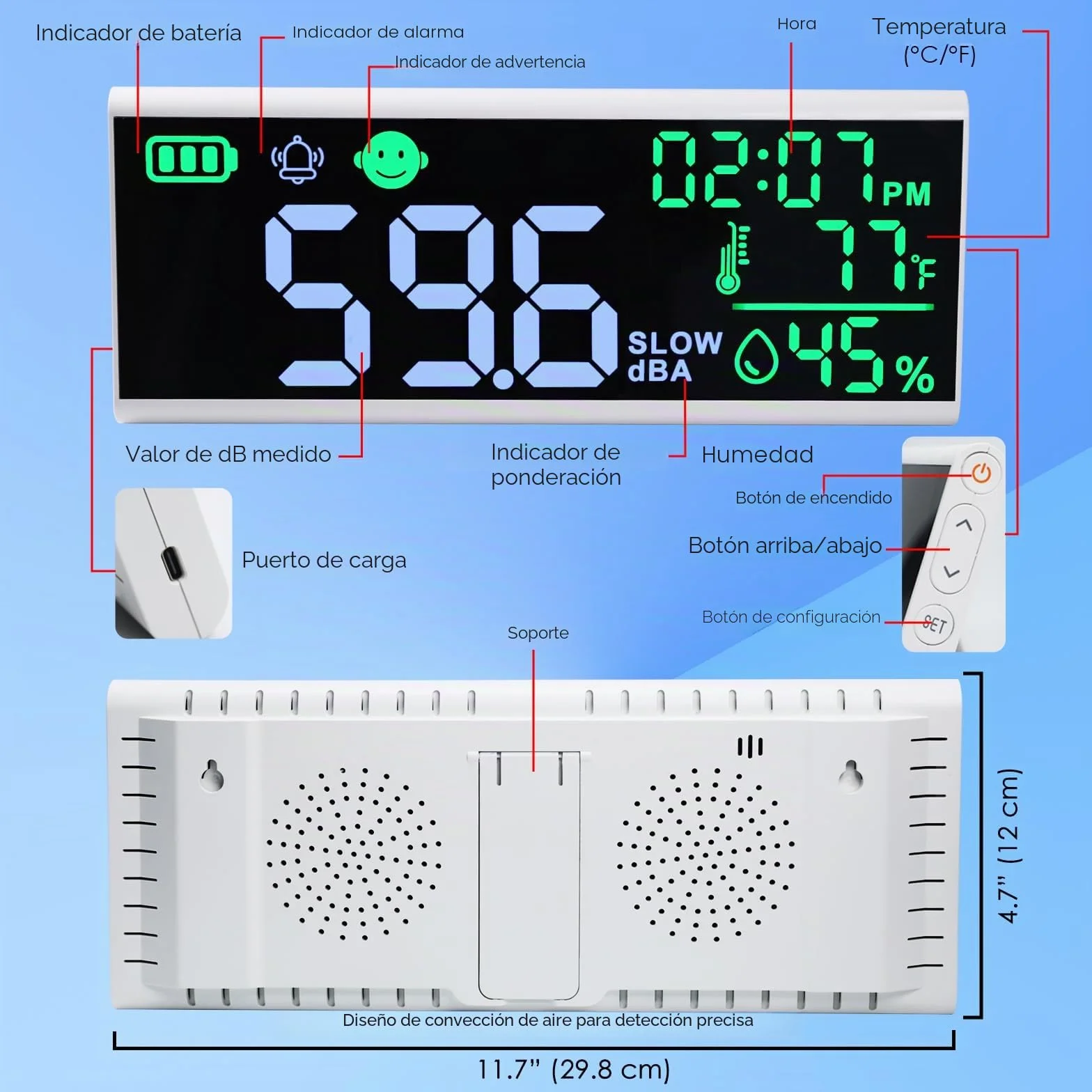 Medidor de decibelios 13 pulgadas, nivel de sonido LED para pared y mesa, alarma con zumbador