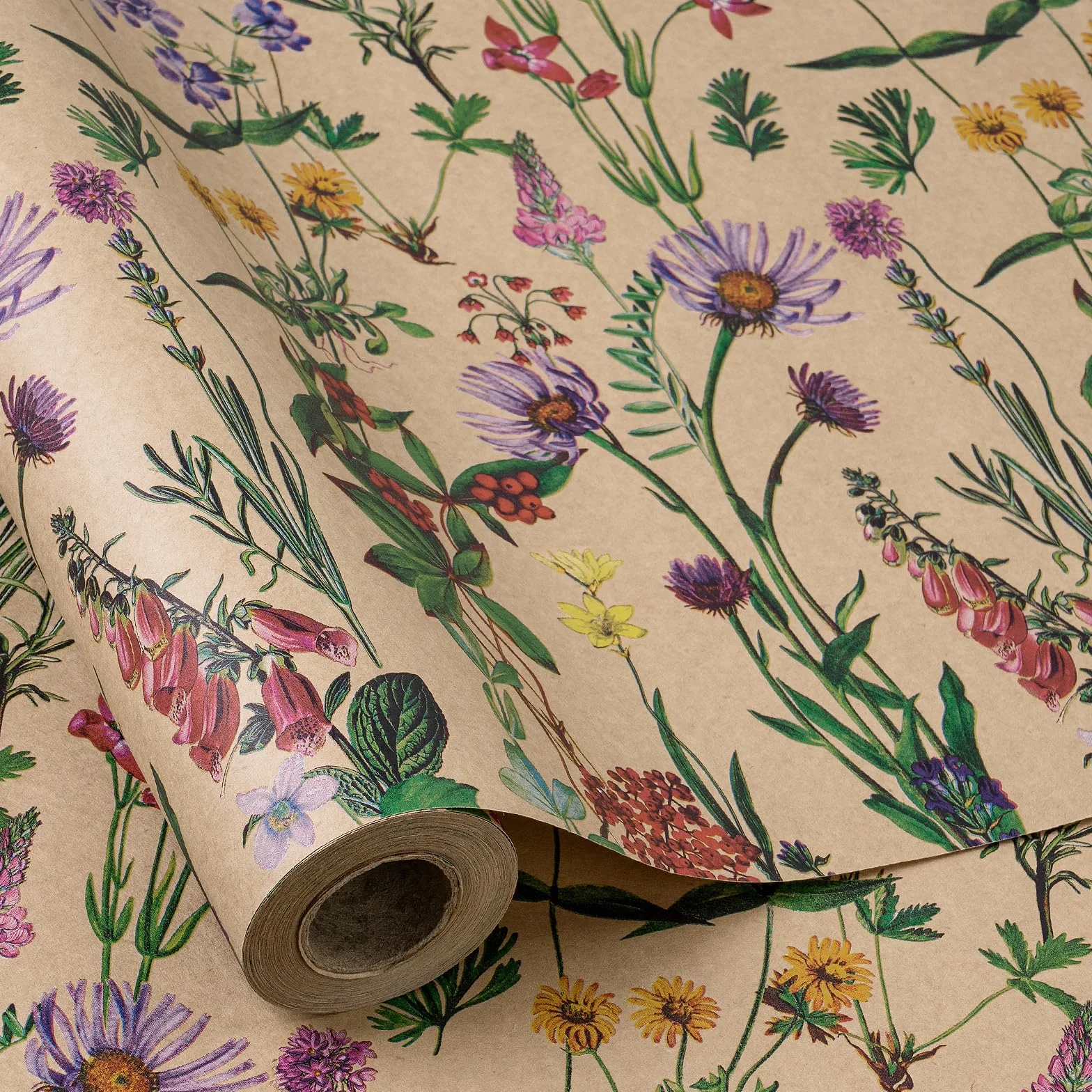 RUSPEPA Kraft Wrapping Paper Roll - Mini Roll - Diseño de flores silvestres - 43,2 cm x 10 m