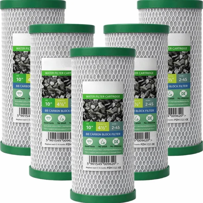Filtro a bloque de carbono 10" (4,5") – Pack de 5 filtros de carbón activo para agua potable – compatible con carcasas estándar de 10" – reducción de cloro, cartuchos de repuesto