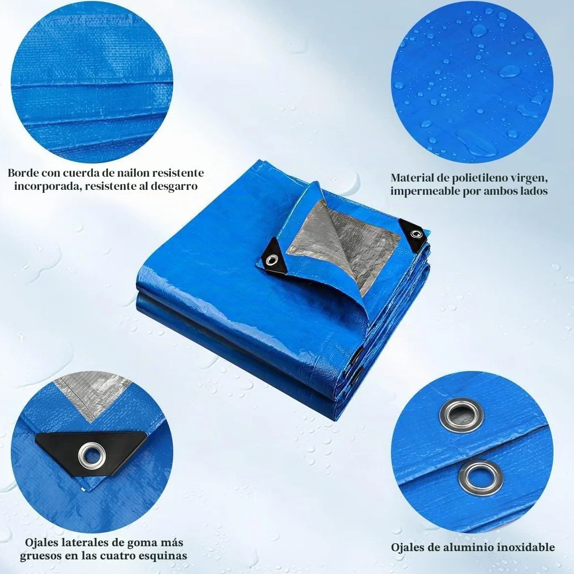(Azul/Negro, 3x4 250g) Lona Impermeable Exterior - Reforzada - Argollas Antidesgarro - Toldo 100% Impermeable y 100% Protección UV - Cubretodo Múltiples Usos - 3 Capas Laminado Cruzado