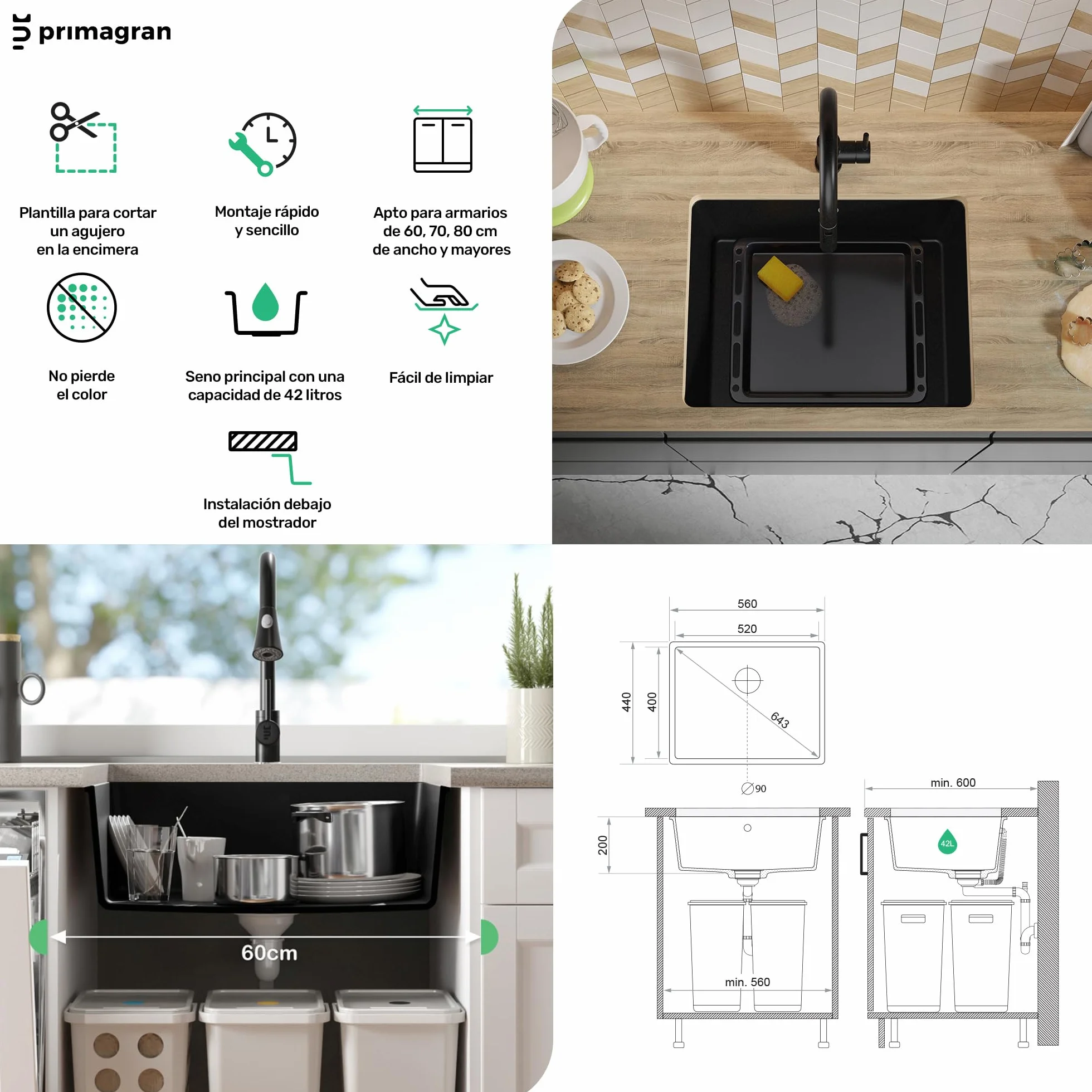 PRIMAGRAN Fregadero bajo Encimera Todo Negro 56x44cm, Cocina 1 Seno + Sifón, Granito al Mueble 60cm - Venecia Easy S067
