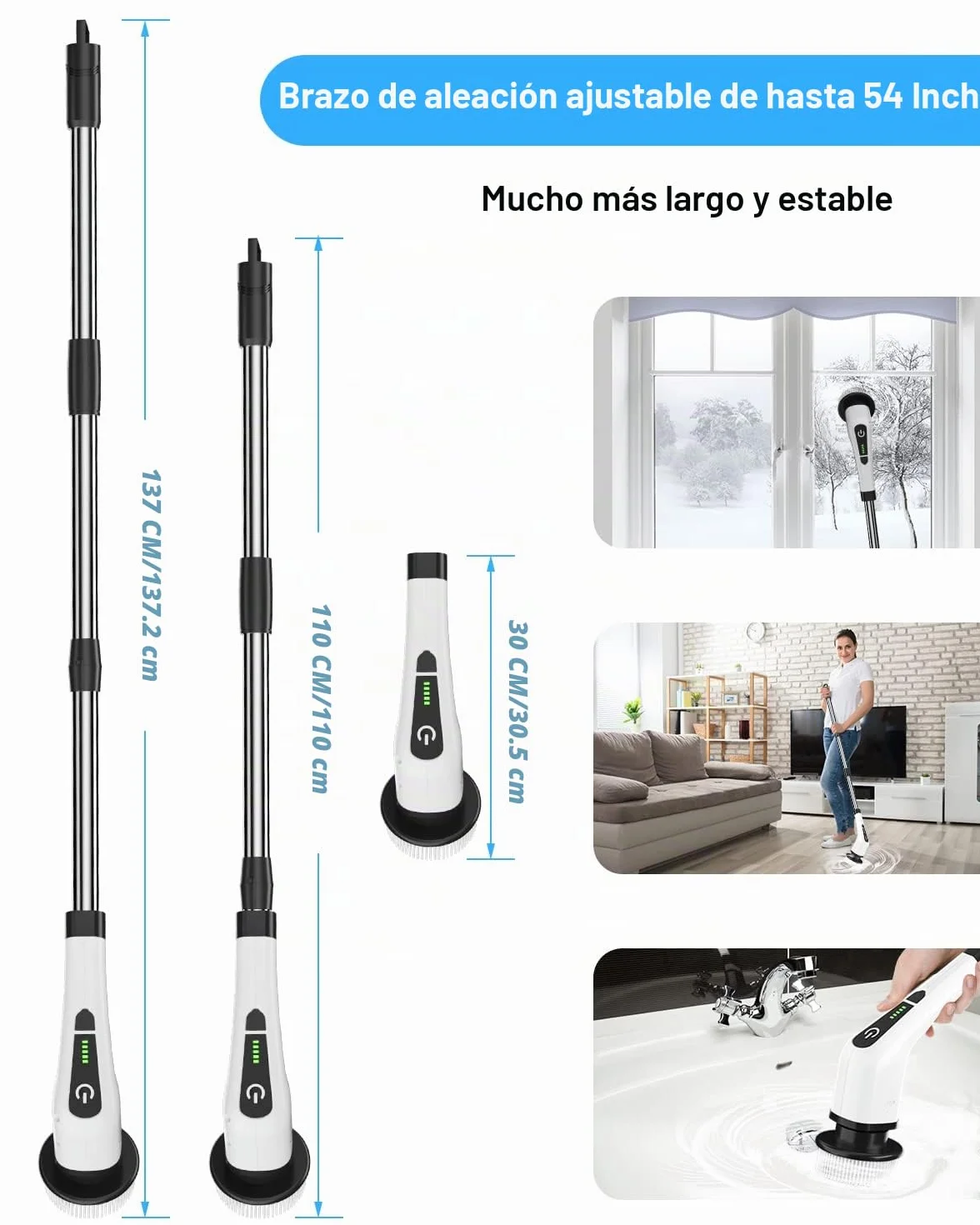 Fregadora Giratoria Eléctrico, Cepillo de Limpieza Inalámbrico con 8 Cabezas de Cepillo Reemplazables, Mopa Fregadora para Bañera y Azulejo de Piso con 137cm Mango Ajustable para Baño Cocina (Blanco)