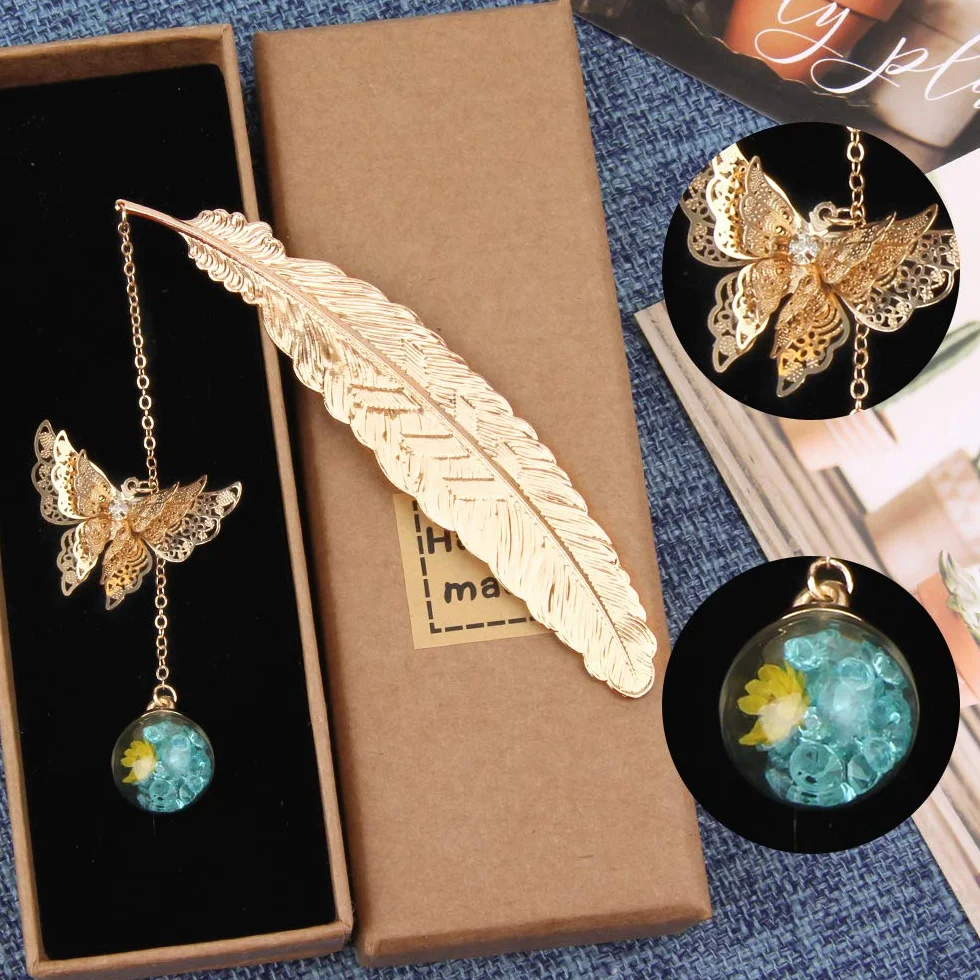 Marcapáginas de Plumas de Metal con Mariposa 3D y Perlas de Vidrio