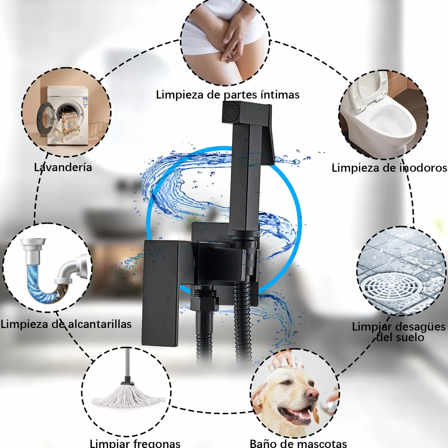 Pulverizador de Bidé para Inodoro Negro, Multifunción, Agua Fría y Caliente, Kit Portátil con Manguera WC