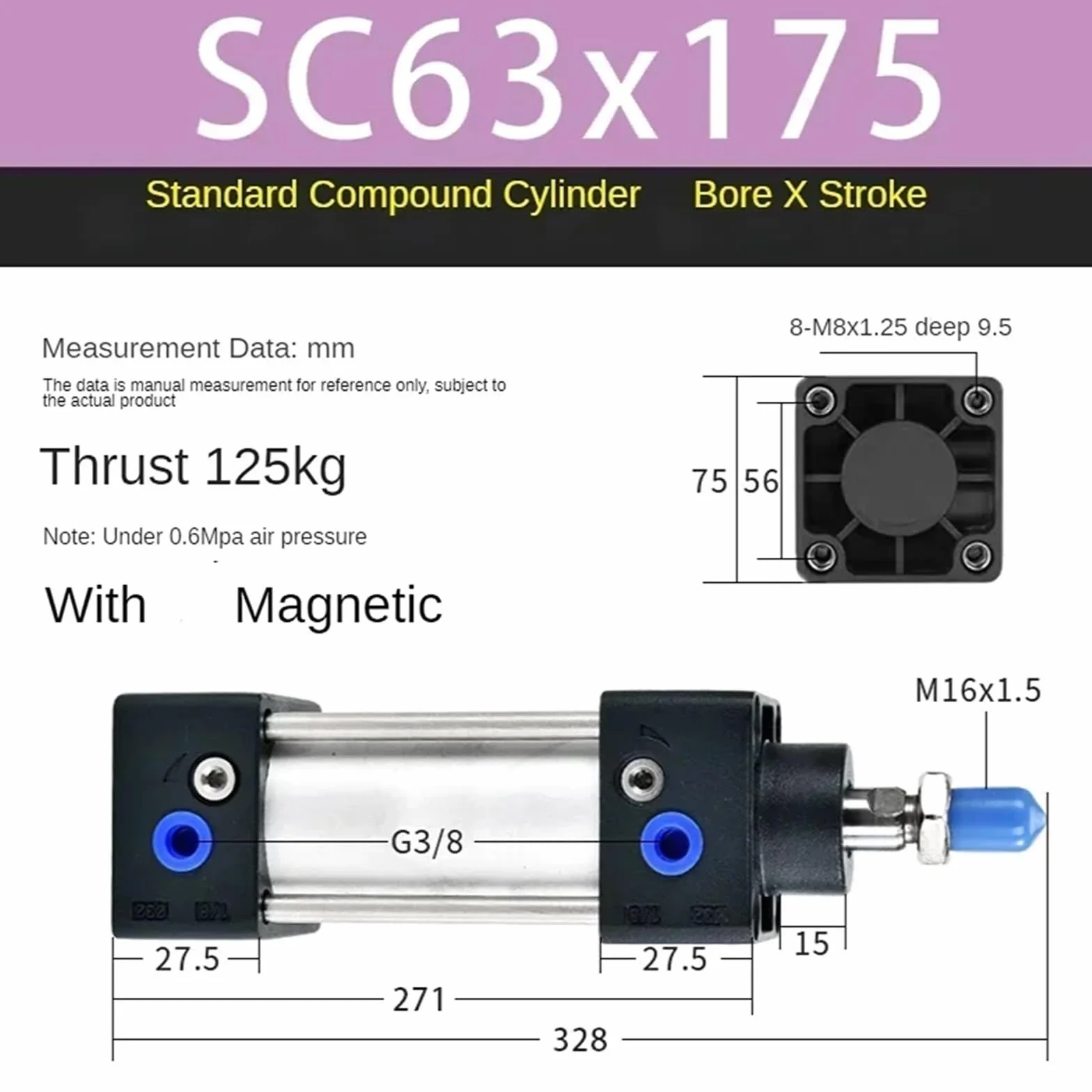 Cilindros SC63 Cilindros estándar con diámetro magnético de 63 mm Doble Efecto Carrera de 25/50/75/100/125/150/175/200/250/300/350 mm (Color : SC63X175-S)
