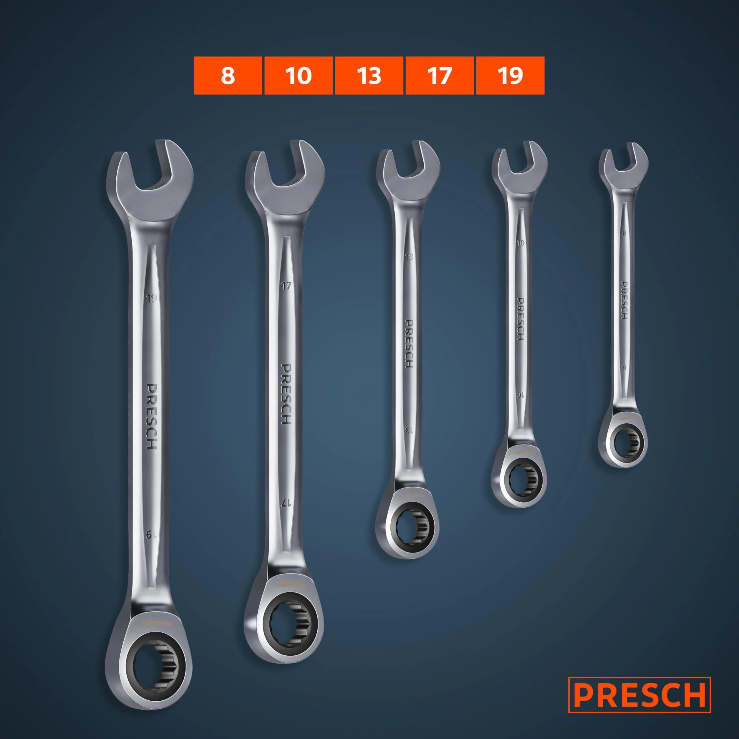 PRESCH Llaves fijas con carraca reversibles 5 uds (8, 10, 13, 17, 19mm) con bolsa - Ángulo de retorno mínimo (4°, 90 dientes) - Juego llaves carraca duraderas fabricados con precisión