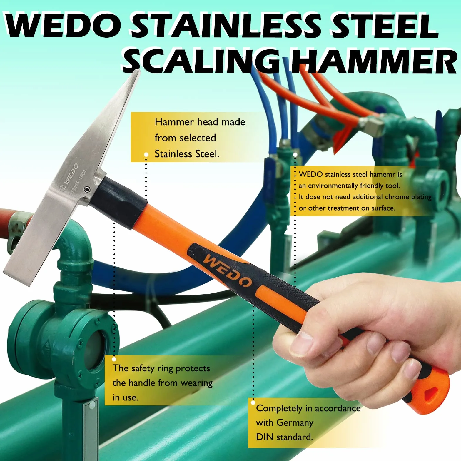 WEDO Martillo de soldadura - 300g,Piqueta soldador profesional de acero inoxidable,resistente a la corrosión,Piqueta de Soldadura con Mango de Fibra de Vidrio
