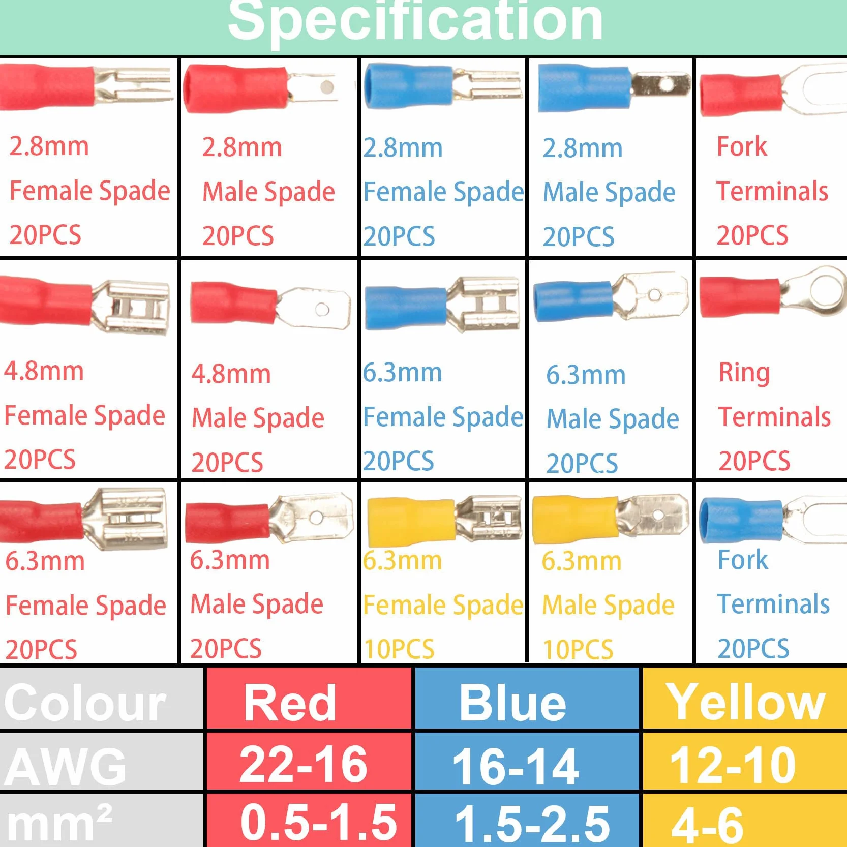 280pcs Terminales Eléctricos 15 Tipos Faston Macho/Hembra Aislados, Conectores 2.8mm 4.8mm 6.3mm Juego de Cables Crimp Connectors