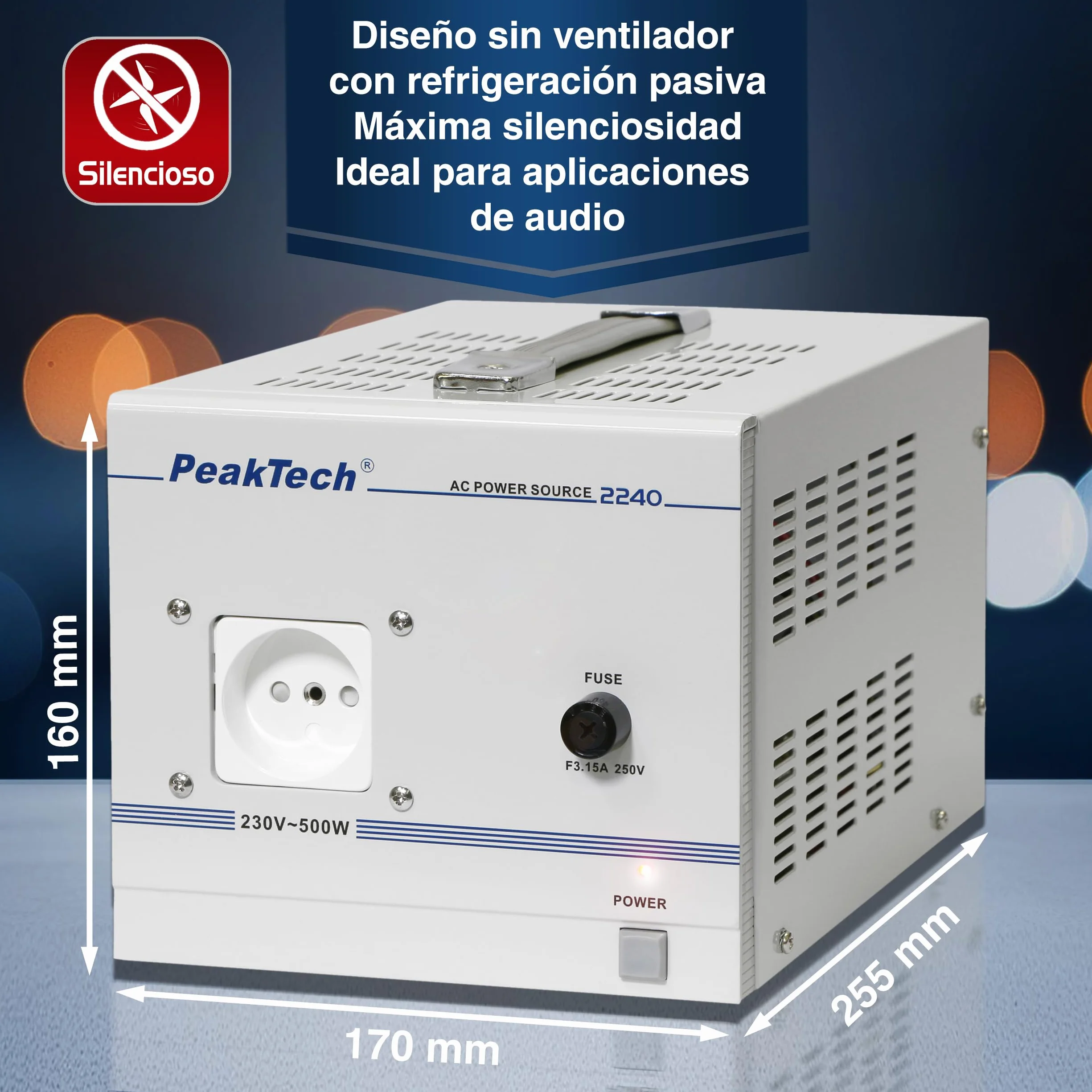 PeakTech 2240 - Transformador de Aislamiento, Dispositivo de Medición, Toroidal, Galvánico, Clase de Protección 1, Uso Móvil, Voltaje de Entrada 230 V, Potencia de Salida 500 W - 160 x 125 x 235 mm