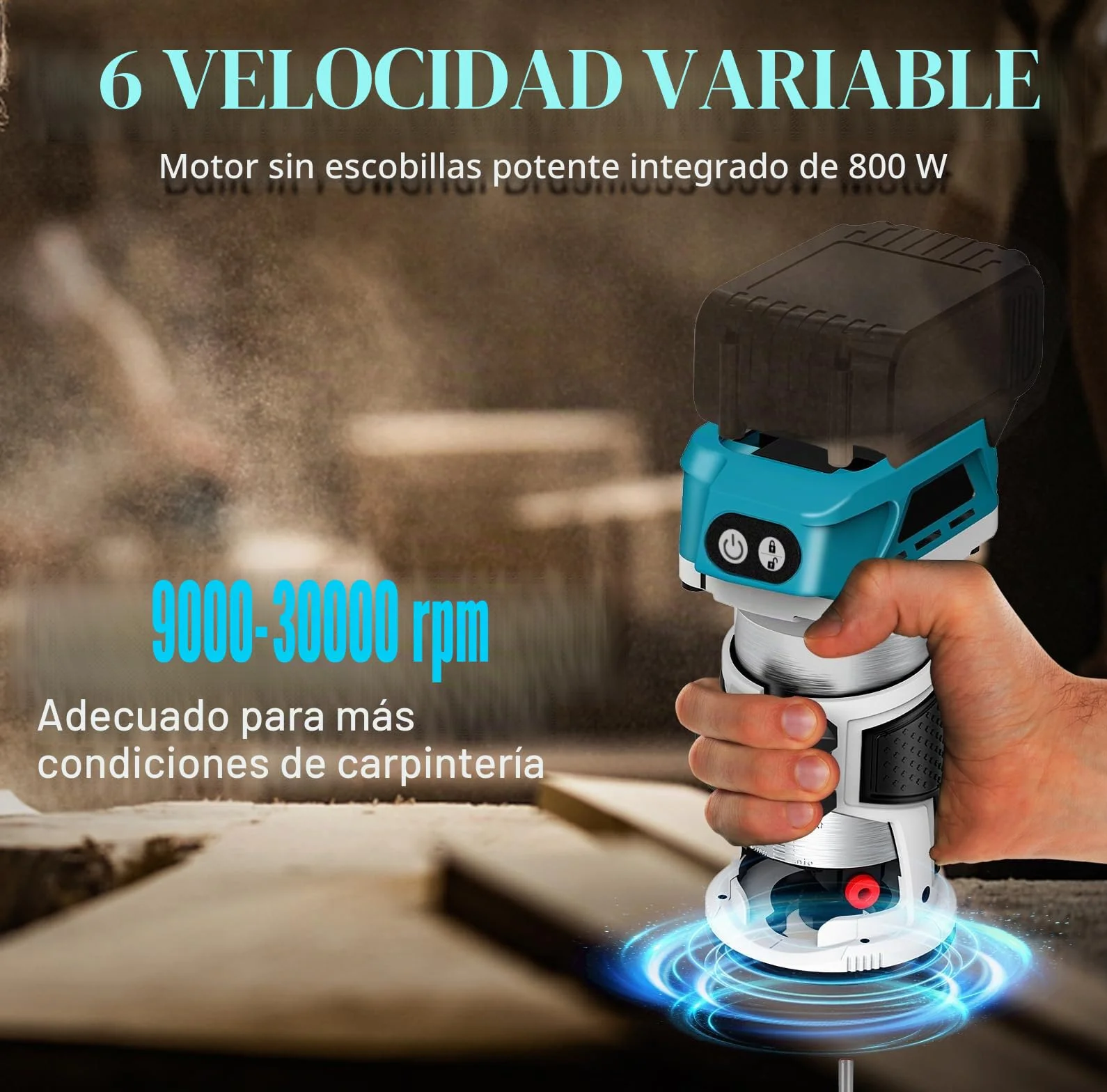 Router inalámbrico compatible con batería Makita 18 V (sin bateríe), recortadora de madera 800 W 6 velocidades, guía recta, rueda guía, 15 brocas fresado, conducto de polvo