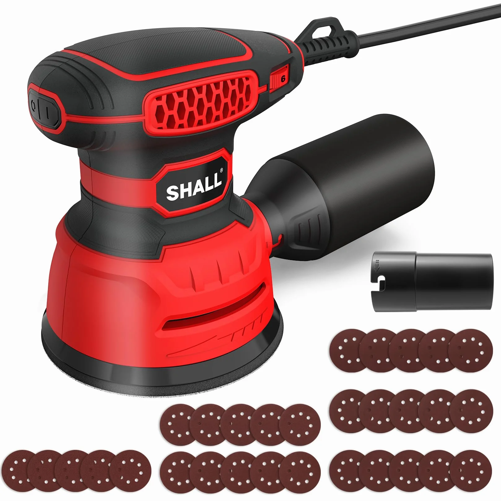SHALL 350W Lijadoras excéntricas，con 30 hojas de lijado, 6 velocidades, herramienta manual de 125 mm, función de extracción de polvo, adecuada para lijar, pulir y trabajar la madera.