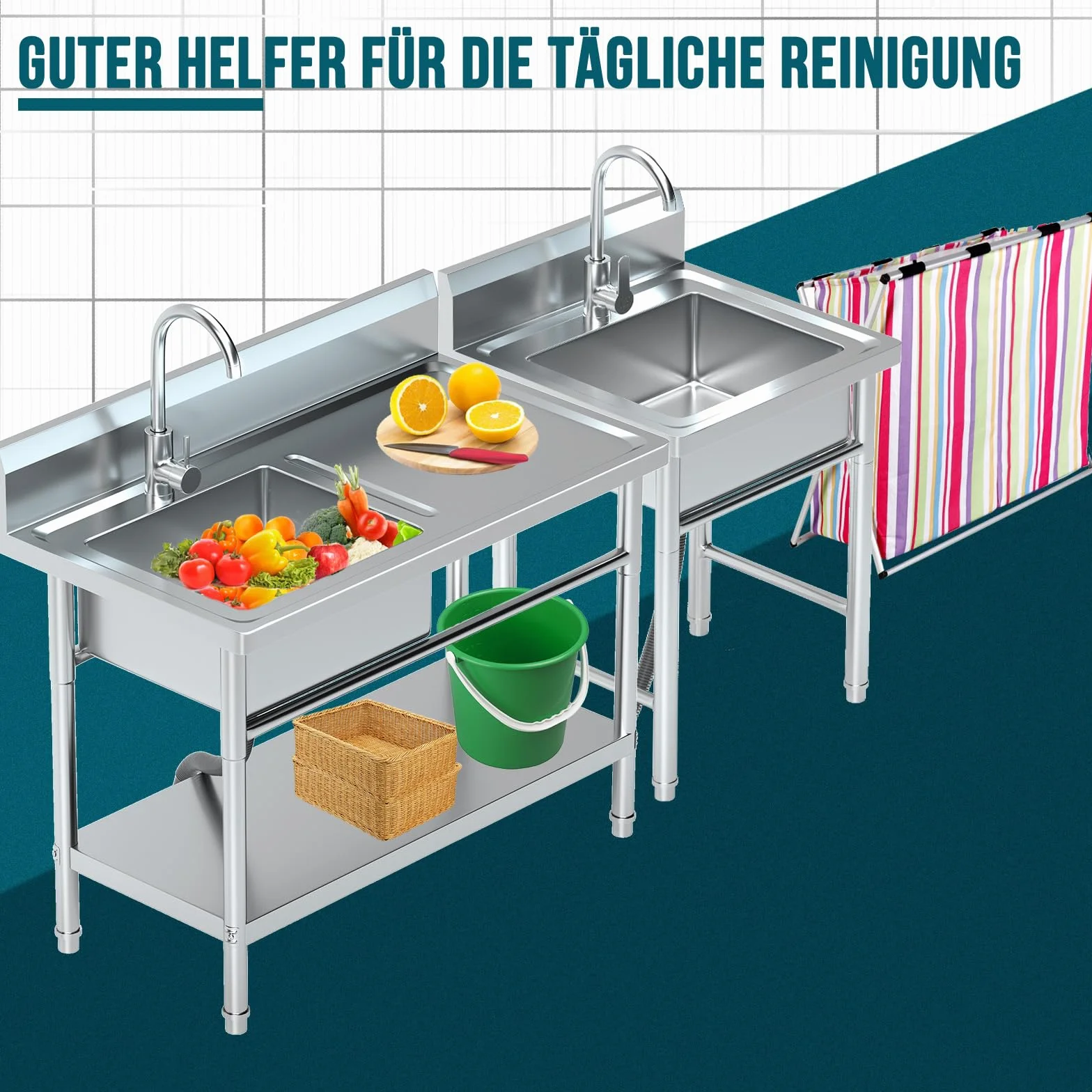 RiveraSink Fregadero Inox Independiente 100×55×80 cm con Encimera, Grifo Giratorio 360°, Cesta Filtro y Cubeta Grande – Altura Ajustable, Fácil de Limpiar – para Cocina, Hostelería y Jardín
