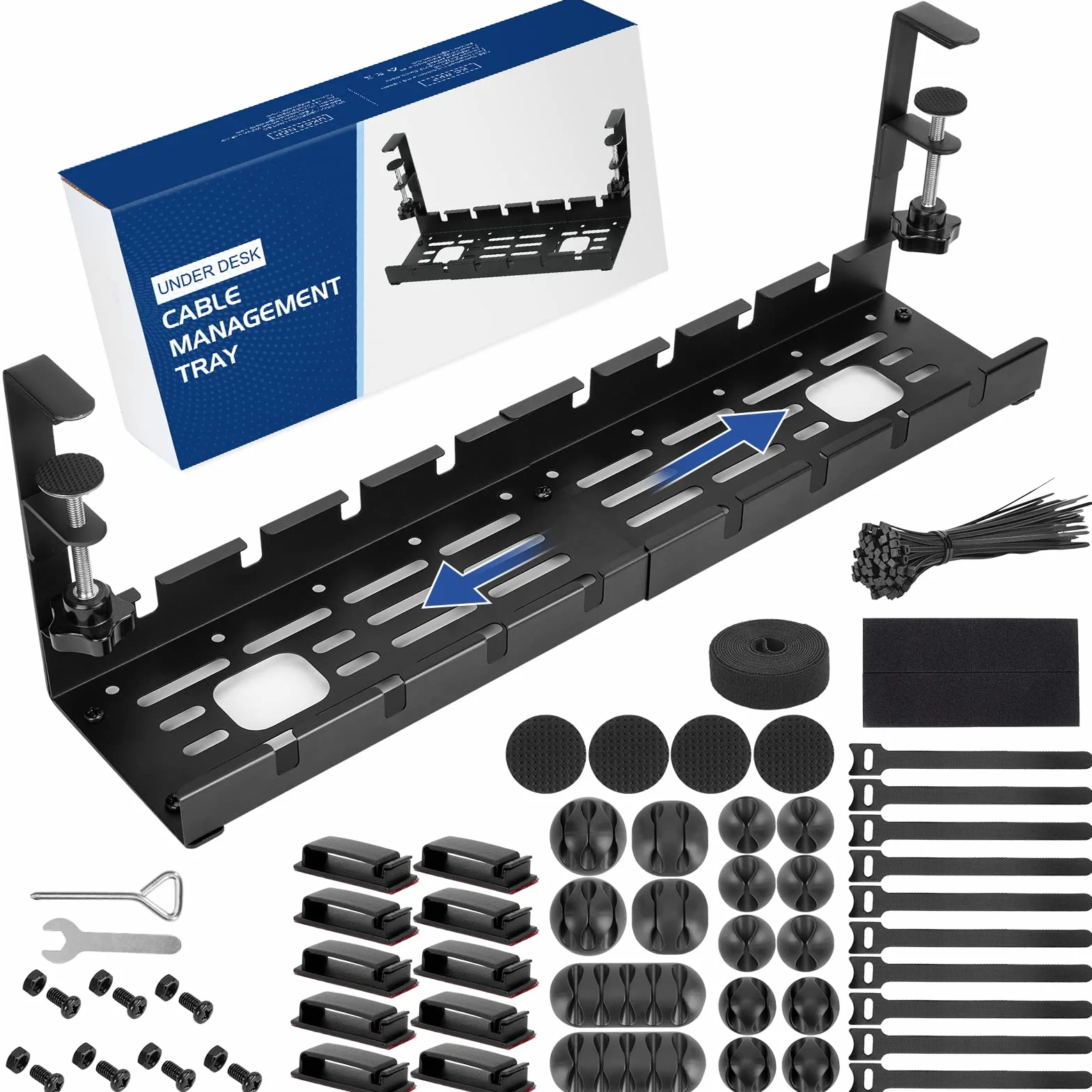 WADEO Estante de gestión de Cables Debajo del Escritorio 28-52 cm Organizador de Cables Extensible y Ajustable Sin taladrar Estante de gestión de Cables Juego de gestión de Cables con 148 Accesorios