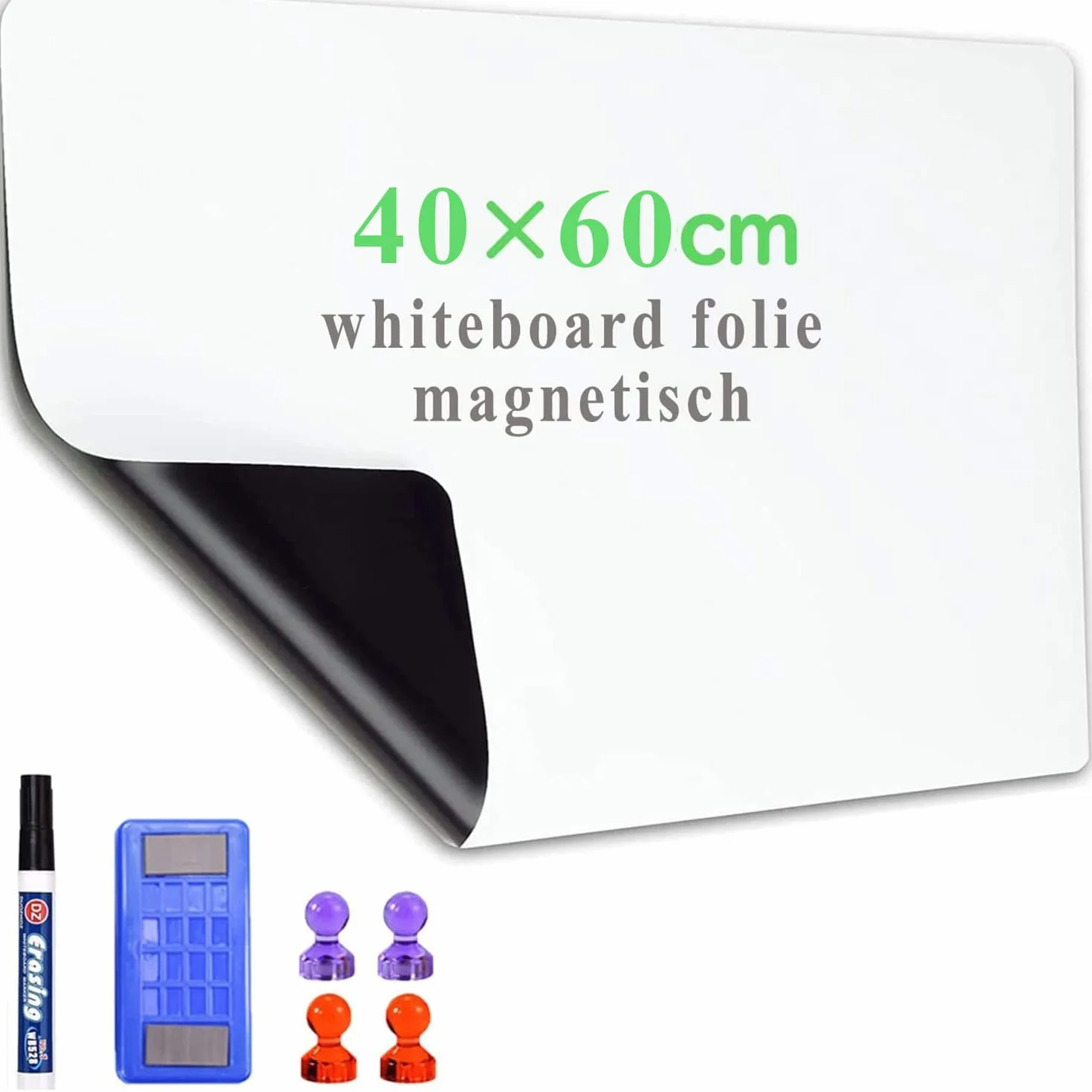 Rollo Pizarra Blanca Magnética, 40x60cm Papel Pizarra Adhesiva Pared, incluye Rotuladores y Borrador Magnetica, Para Escribir en Superficies Lisas en la Escuelas, Oficinas