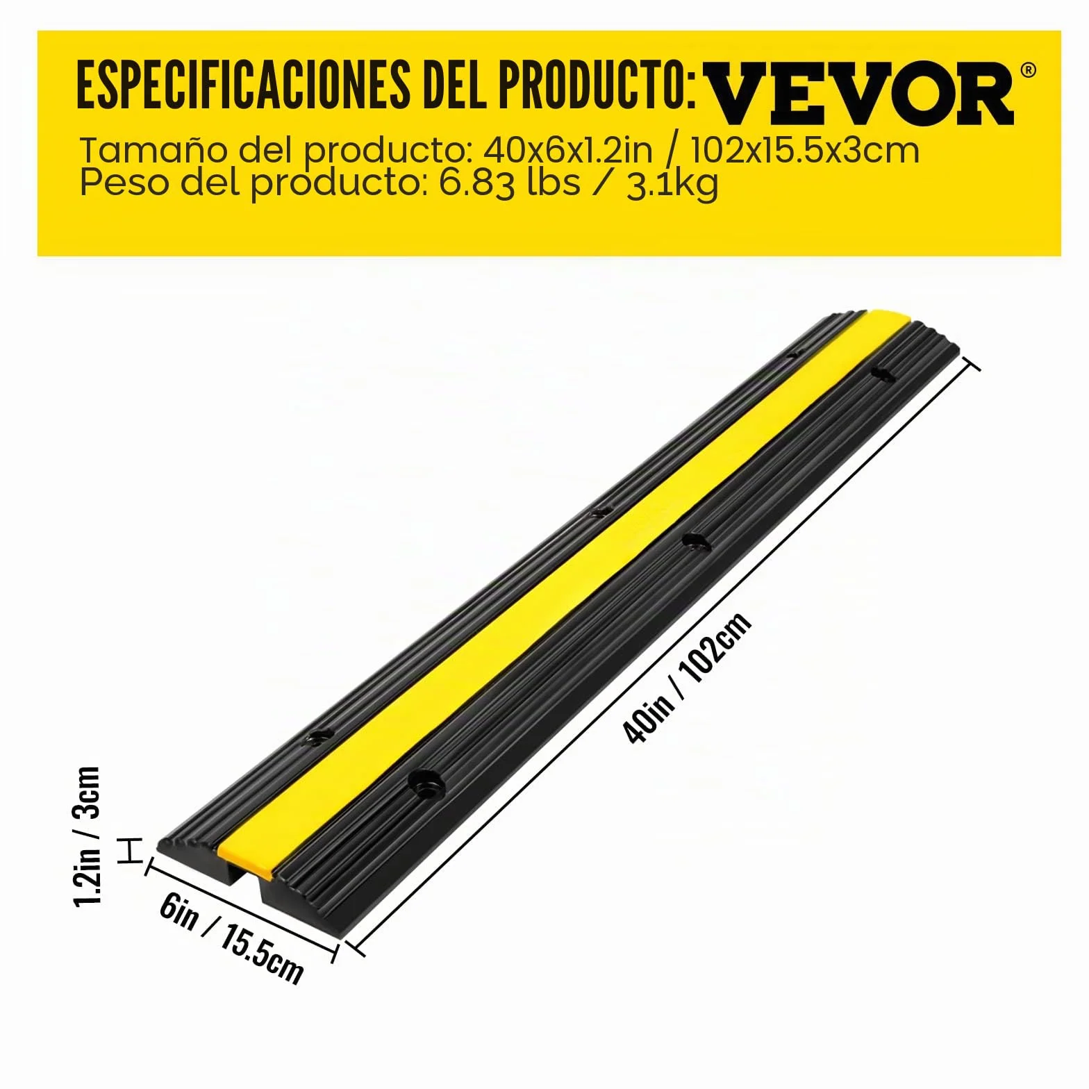 VEVOR Protector de Cables para Suelo Carga de 8164 kg Pasacables Suelo 102 x 15,5 x 3 cm Canaleta Cables Suelo el Reductor de Velocidad para Protección de Cables Eléctricos