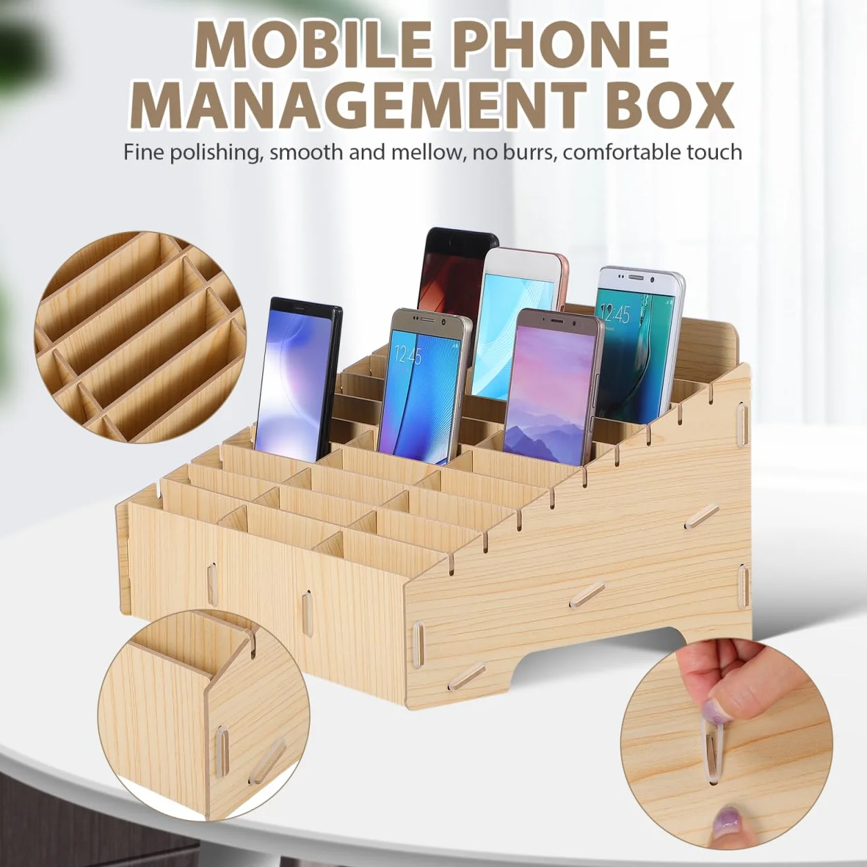 Caja de almacenamiento de madera para teléfono móvil, 30 compartimentos, organizador de mesa grande