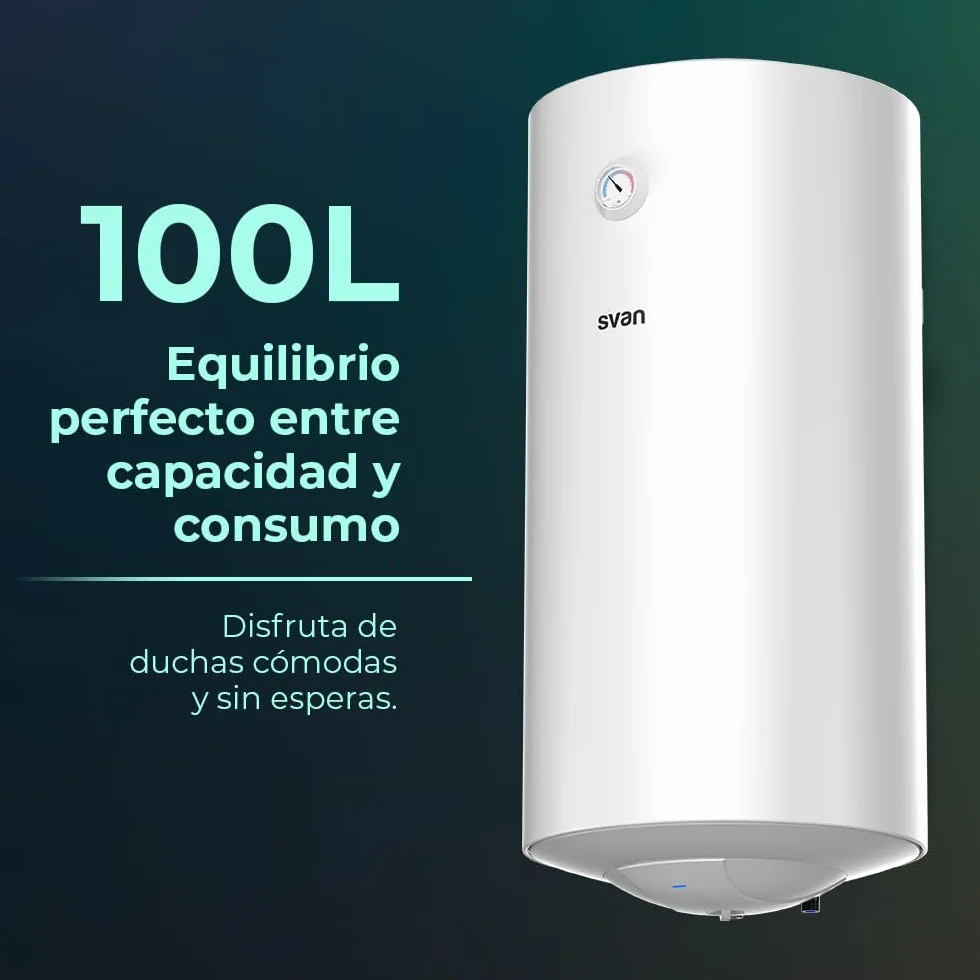 Svan Termo Eléctrico Vertical 100 Litros ST1001. Instalación Vertical, 1500W, Incluye Kit de Montaje, Resistencia de Acero inoxidable, Blanco, Eficiencia Energética Clase C