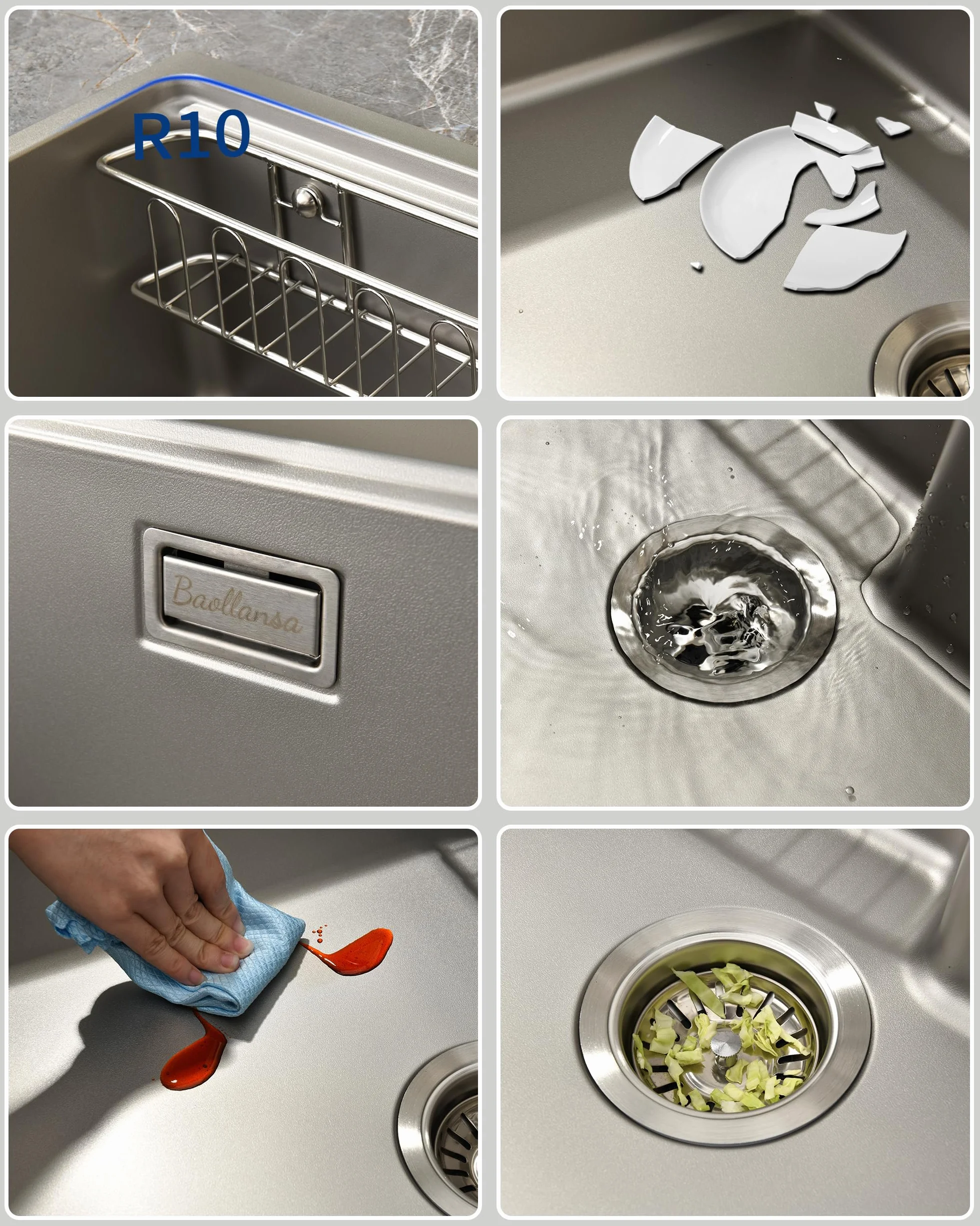 Fregadero de Cocina de Acero Inoxidable 68x46 cm, 1 Cubeta con Sifón, Desbordamiento y Accesorios de Vaciado, Fregadero Moderno Multifuncional para Encimeras > 80 cm (Plateado)