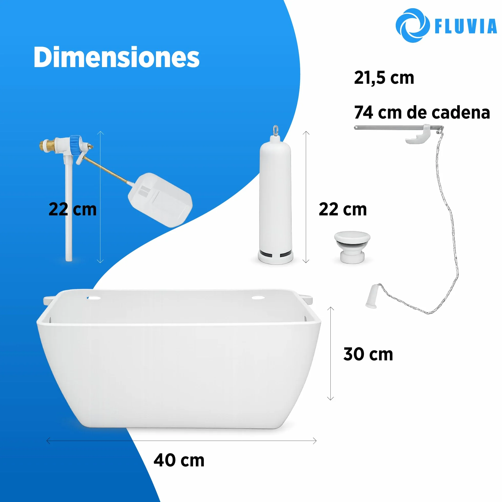 Cisterna Alta completa para inodoro de PVC |incluye Mecanismo de descarga flotador lateral y cadena | intalacion nueva o reemplazo |resistente y facil de montar FLUVIA
