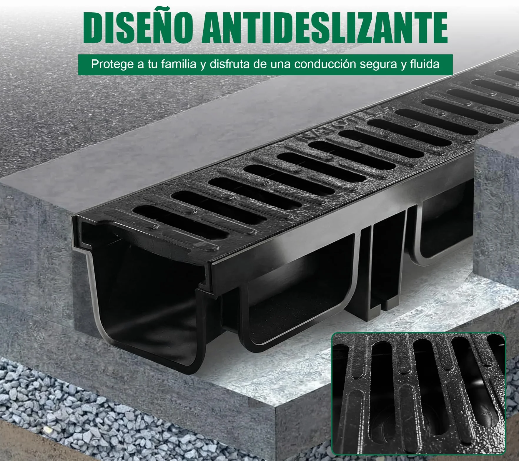 1m Canalón de drenaje con rejilla de fundición B125 GJS soporta hasta 12,5 t - 500 x 140 x 100 mm - Canalón de suelo para drenaje para garaje, entrada de patio, estacionamiento - Resistente a