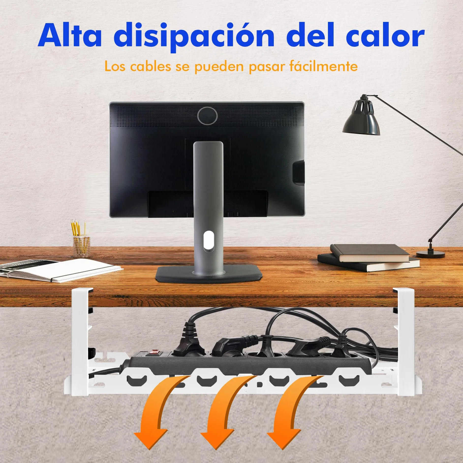 Mimoke Cesta de gestión de Cables Ajustable, sin perforación, Almacenamiento Pesado, Extensible de 40 a 74 cm, Capacidad hasta 15 kg, diseño ventilado, Adecuado para Oficina, Blanco