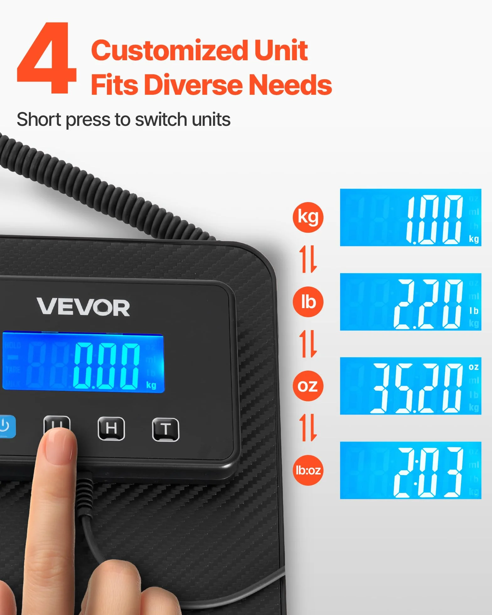 VEVOR Báscula Digital para Paquetes 200 kg Plataforma con Tara Retención Pantalla LCD