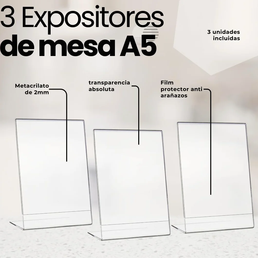 Expositor metacrilato transparente A5 pack 3 unidades soporte sobremesa display acrílico vertical