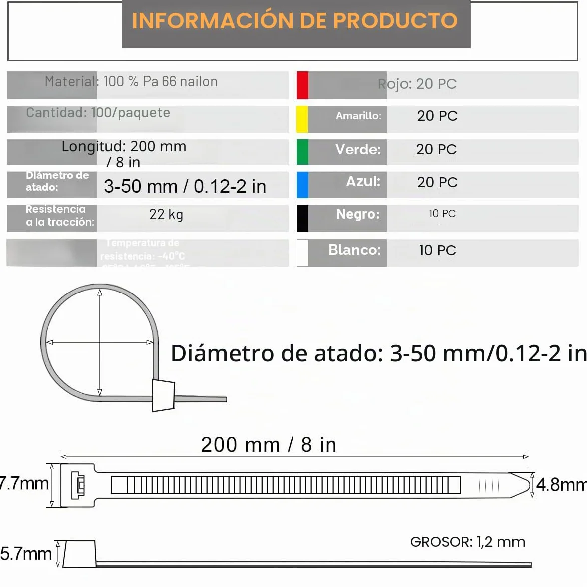 Bridas Plástico 200mm x 4.8mm, Bridas Reutilizables, Bridas de Colores Verdes Blancas Negras Amarillas Rojas, 100 unidades