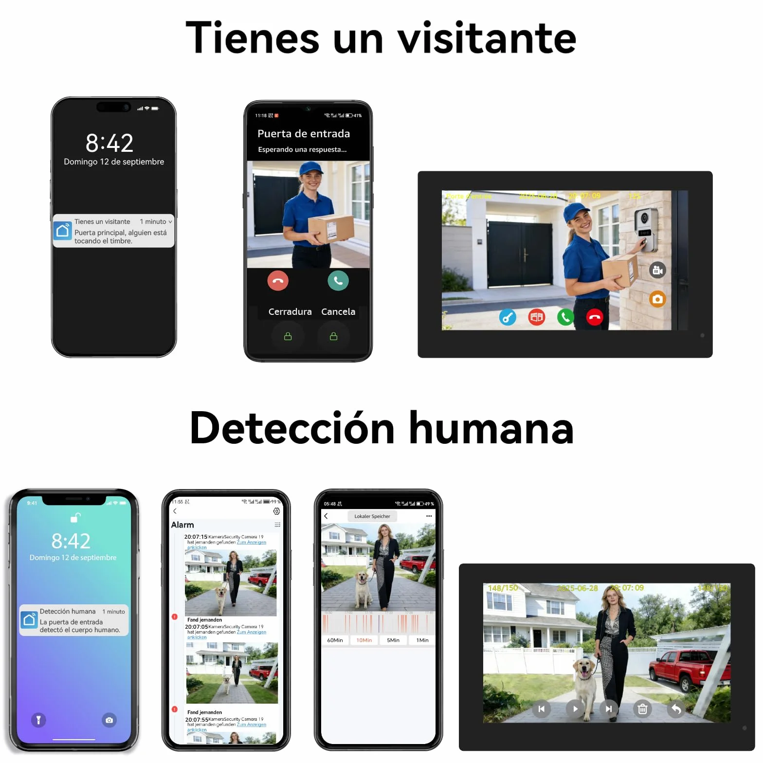 Videoportero Smartphone 2 Hilos, Timbre Video Mirilla y 7'' Pantalla Táctil, Visión Nocturna, Desbloqueo Remoto, Audio Bidireccionall para Chalet,casa, 2,4/5GHz, 1 cámara y 2 monitores