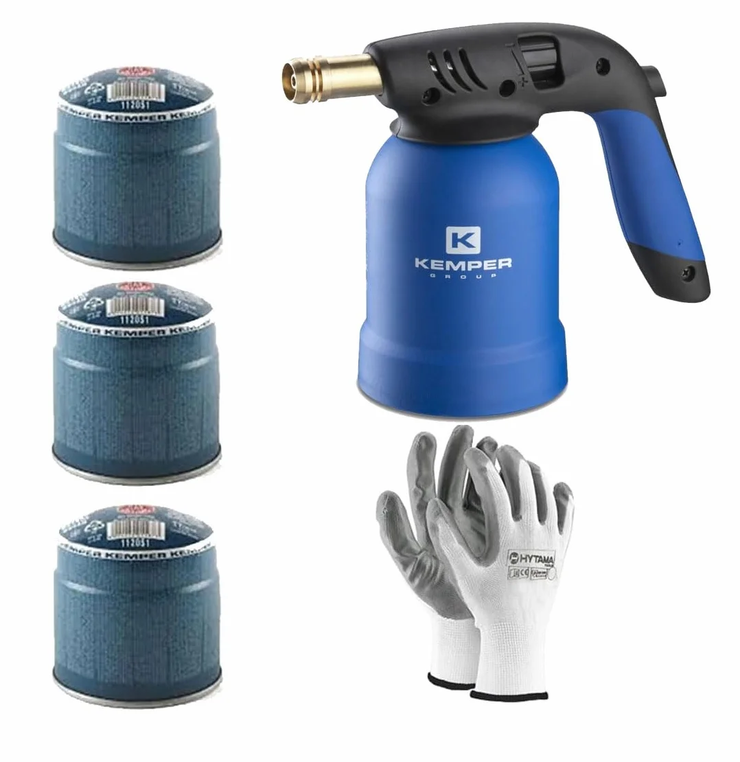 Kemper - Lámpara para soldar soplete de fuego + 3 bombonas de gas butano seguro + guantes de regalo
