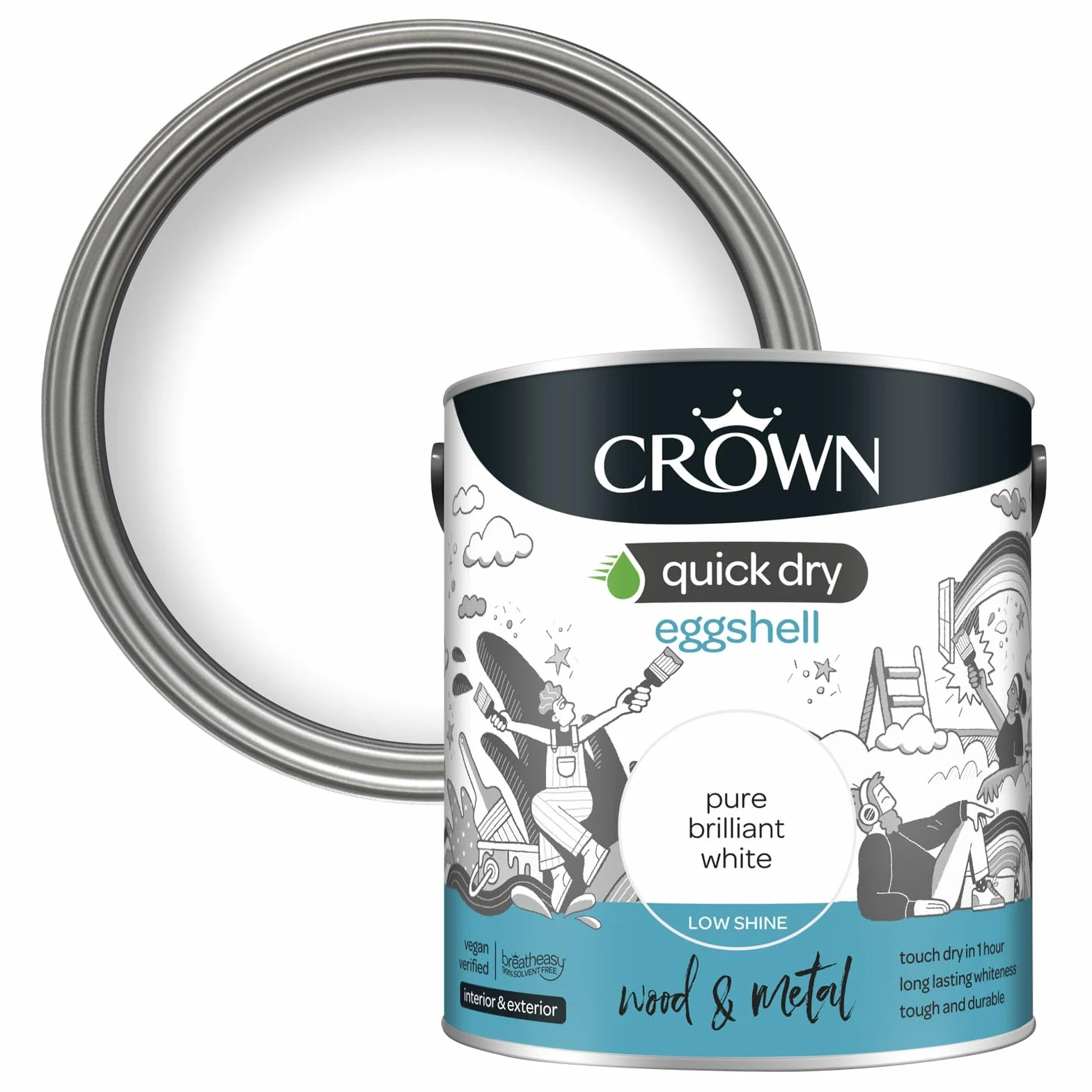 Crown Pintura de secado rápido de cáscara de huevo blanco puro brillante 2,5 l, madera y metal, I nterior exterior
