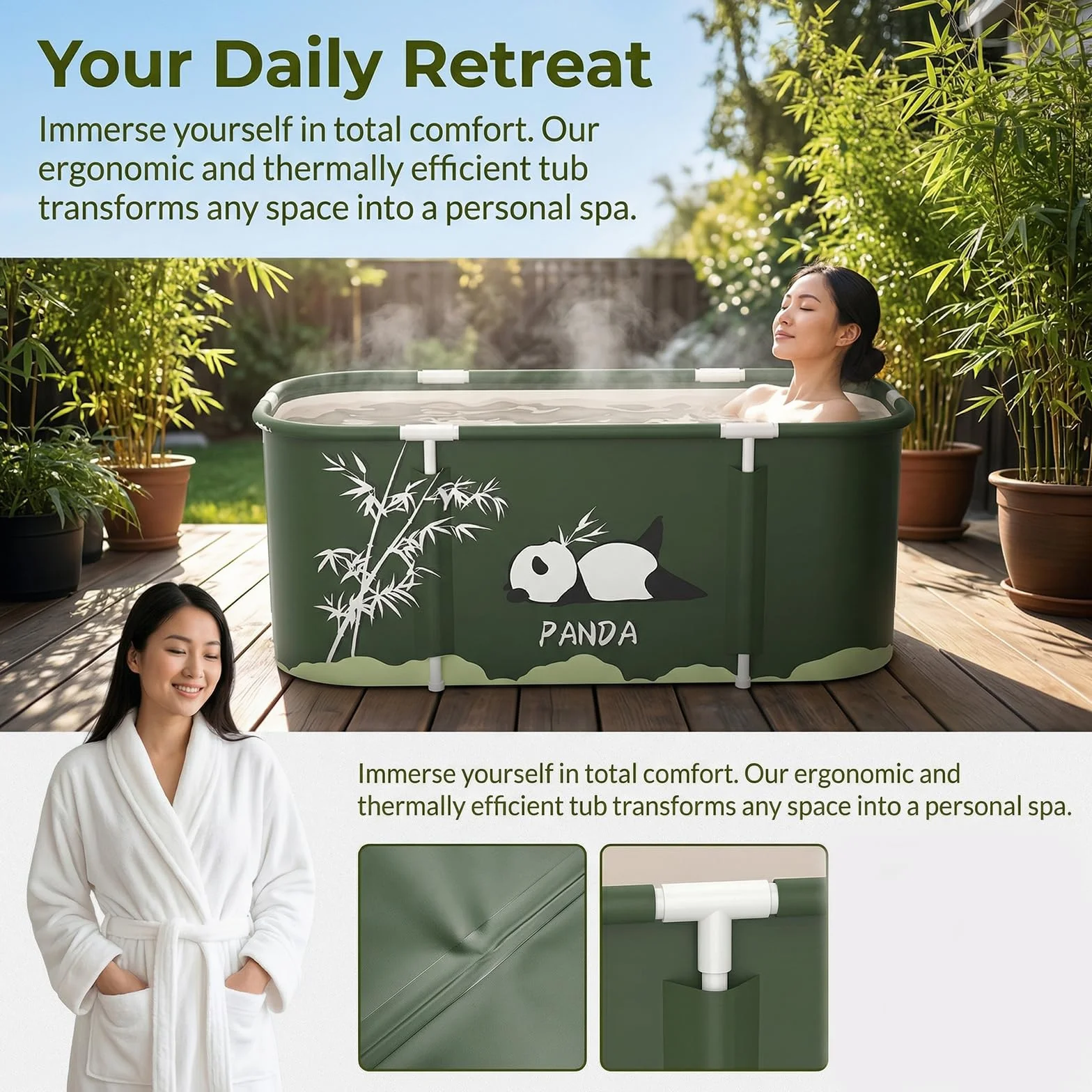 Bañera plegable para dos personas – Baño caliente con diseño aislado – Material robusto e impermeable – Incluye grifo de desagüe y asas de transporte