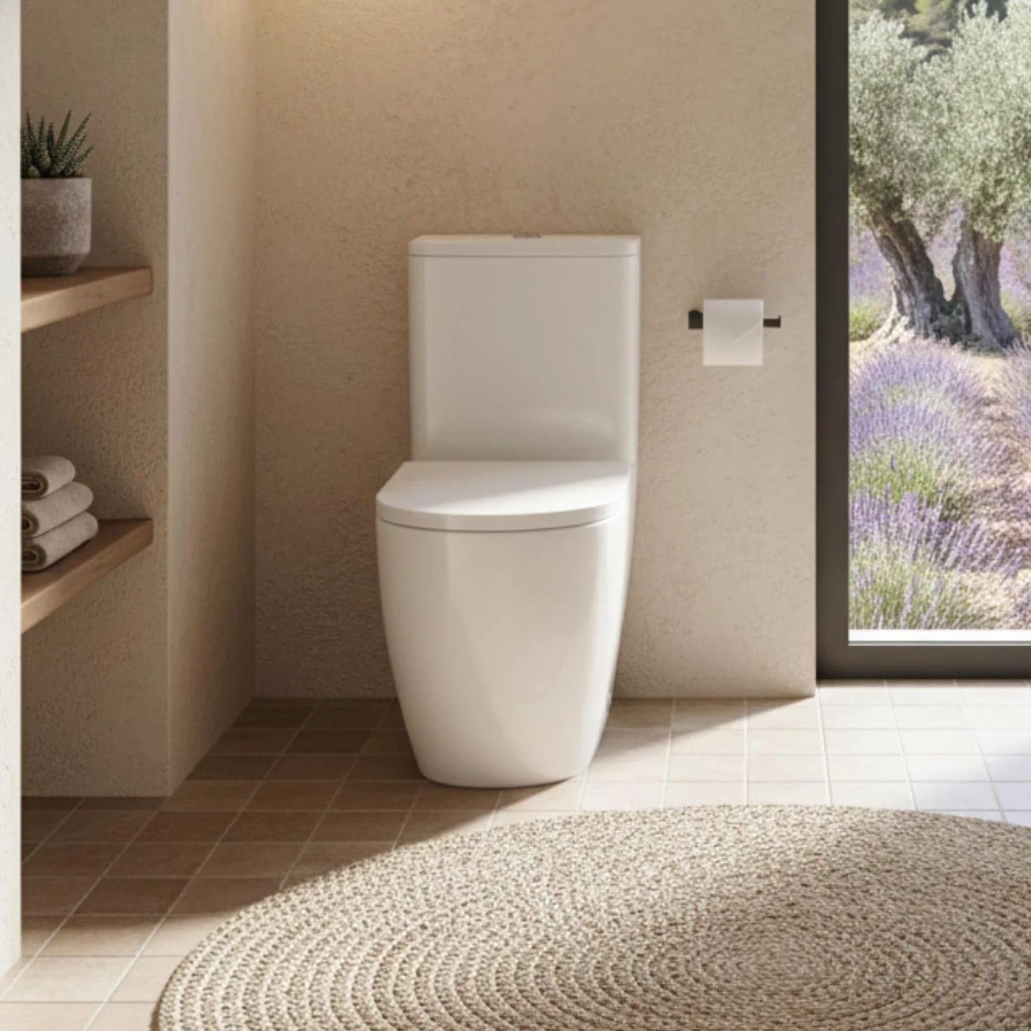 SOULHOME Pack Inodoro Completo Rimless Curvo Blanco Brillo | Tapa Amortiguada | Salida Horizontal/Vertical | Doble Descarga Eco | Pulsador Cromo